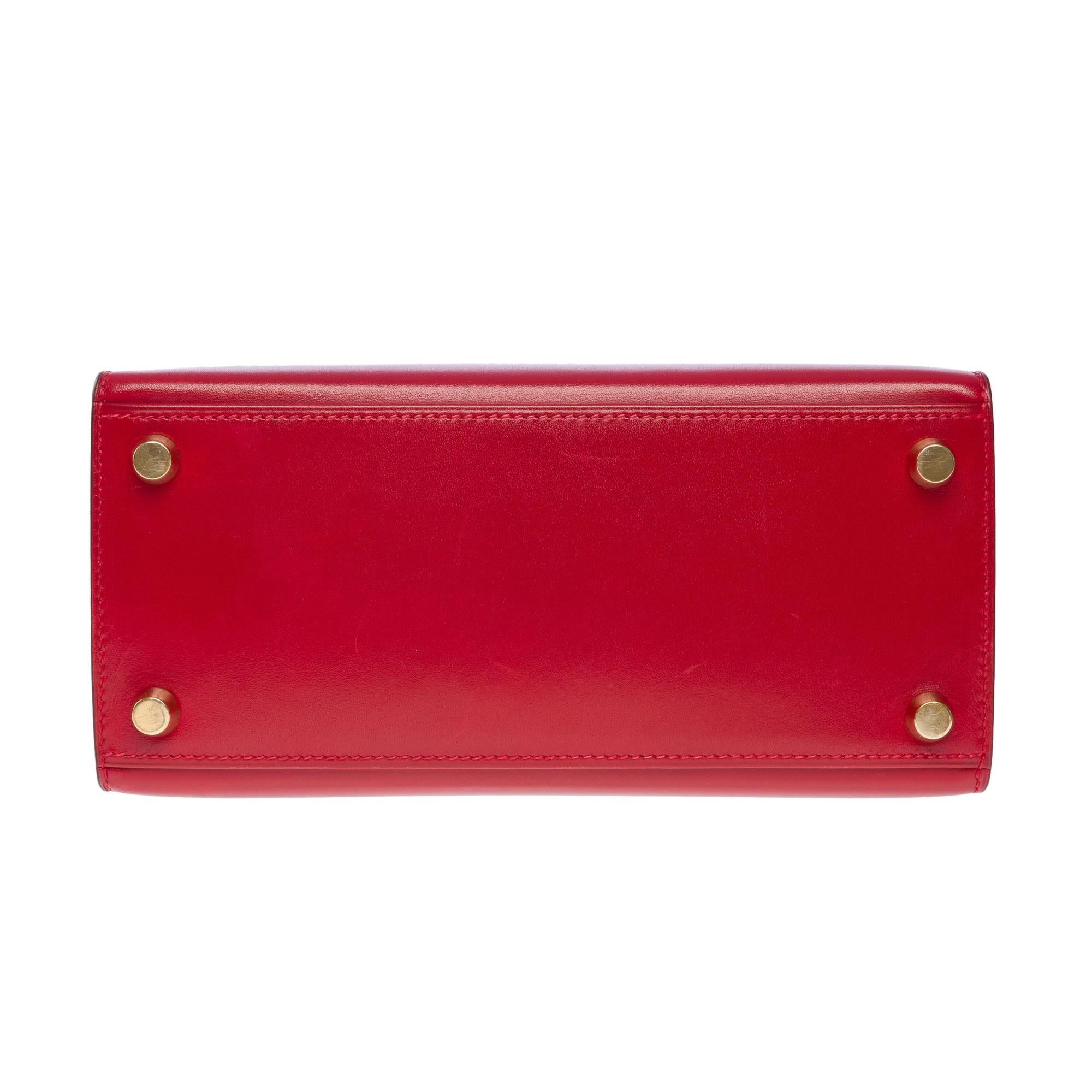 Rare Hermès Mini Kelly 20cm sac à main double bandoulière en cuir de veau boîte H rouge, GHW en vente 7