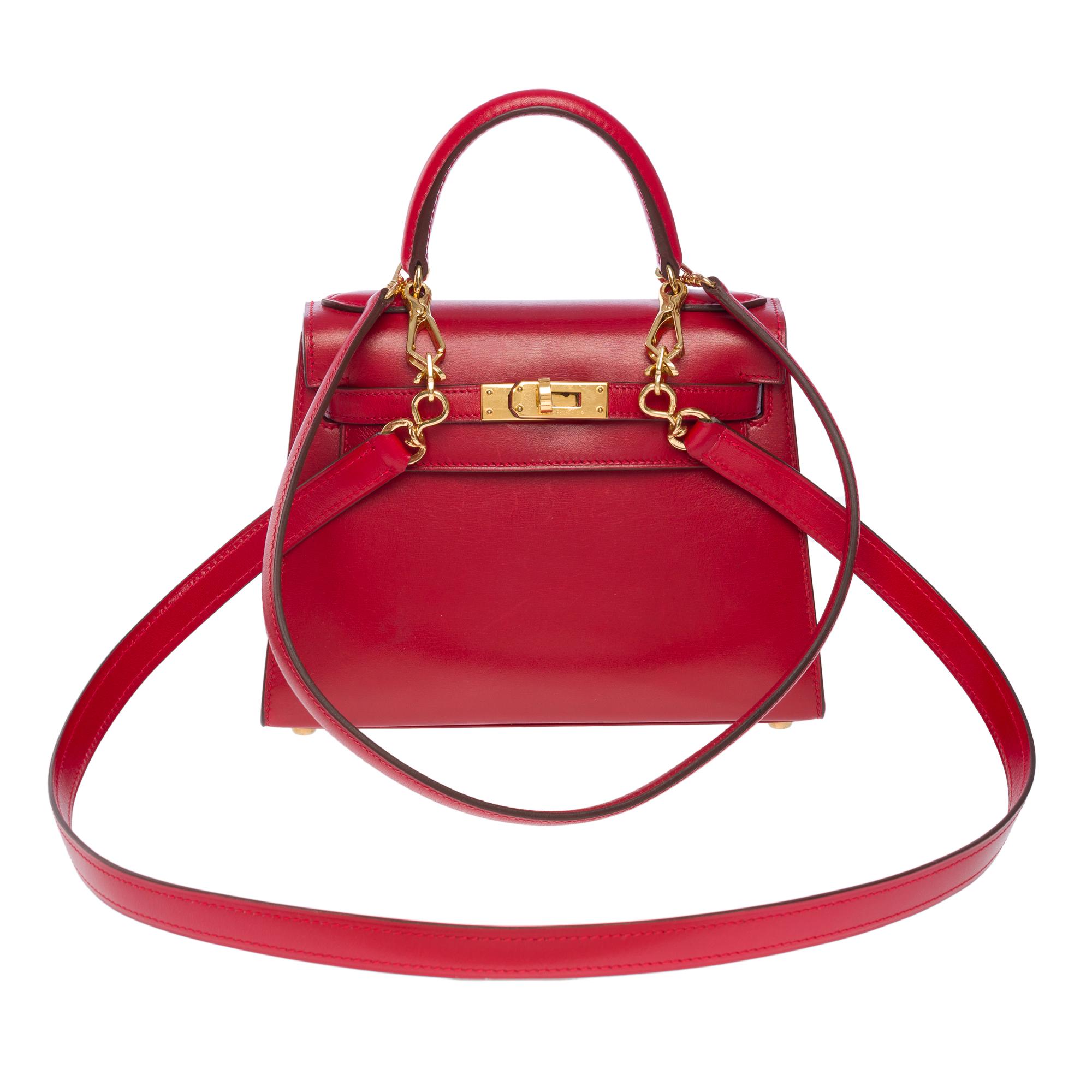 Rare & Amazing Hermes Mini Kelly handbag 20 cm double strap in Red H (burgundy) box calf leather, gold plated metal hardware, handle and 2 removable shoulder straps (one short and one long, not signed Hermès) in red h leather box for a hand,