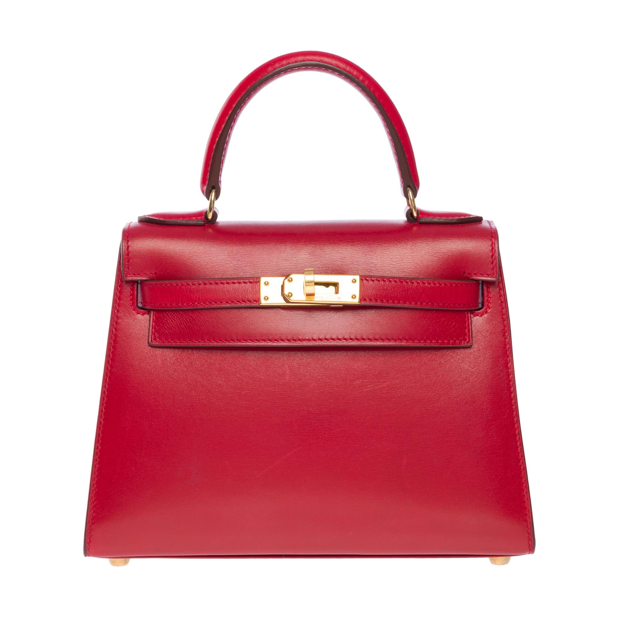 Rare Hermès Mini Kelly 20cm handbag double strap in Red H box calfskin, GHW In Good Condition For Sale In Paris, IDF