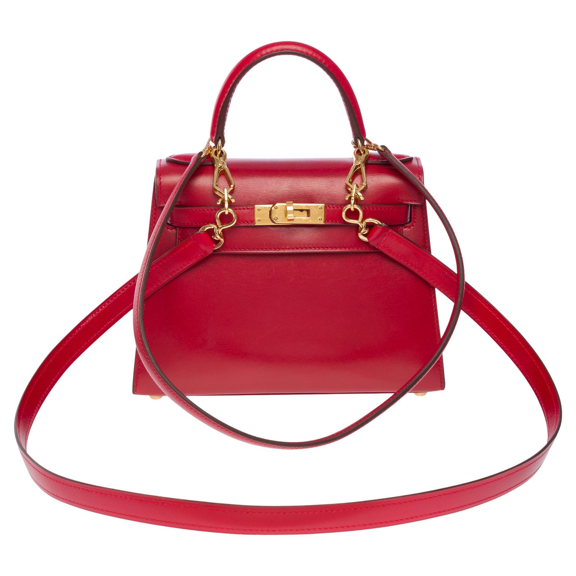 Rare Hermès Mini Kelly 20cm sac à main double bandoulière en cuir de veau boîte H rouge, GHW en vente