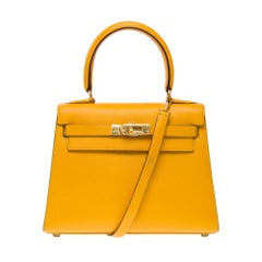 Rare Hermès Mini Kelly 20cm handbag strap in Amber Yellow Courchevel , GHW