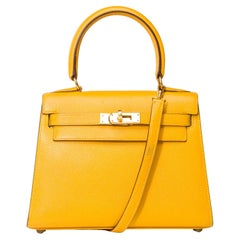 Rare Hermès Mini Kelly 20cm handbag strap in Amber Yellow Courchevel , GHW