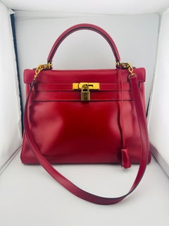Rare Hermes Paris Kelly bag 32 Retourne Box leather rouge red Gold hardware 1990
