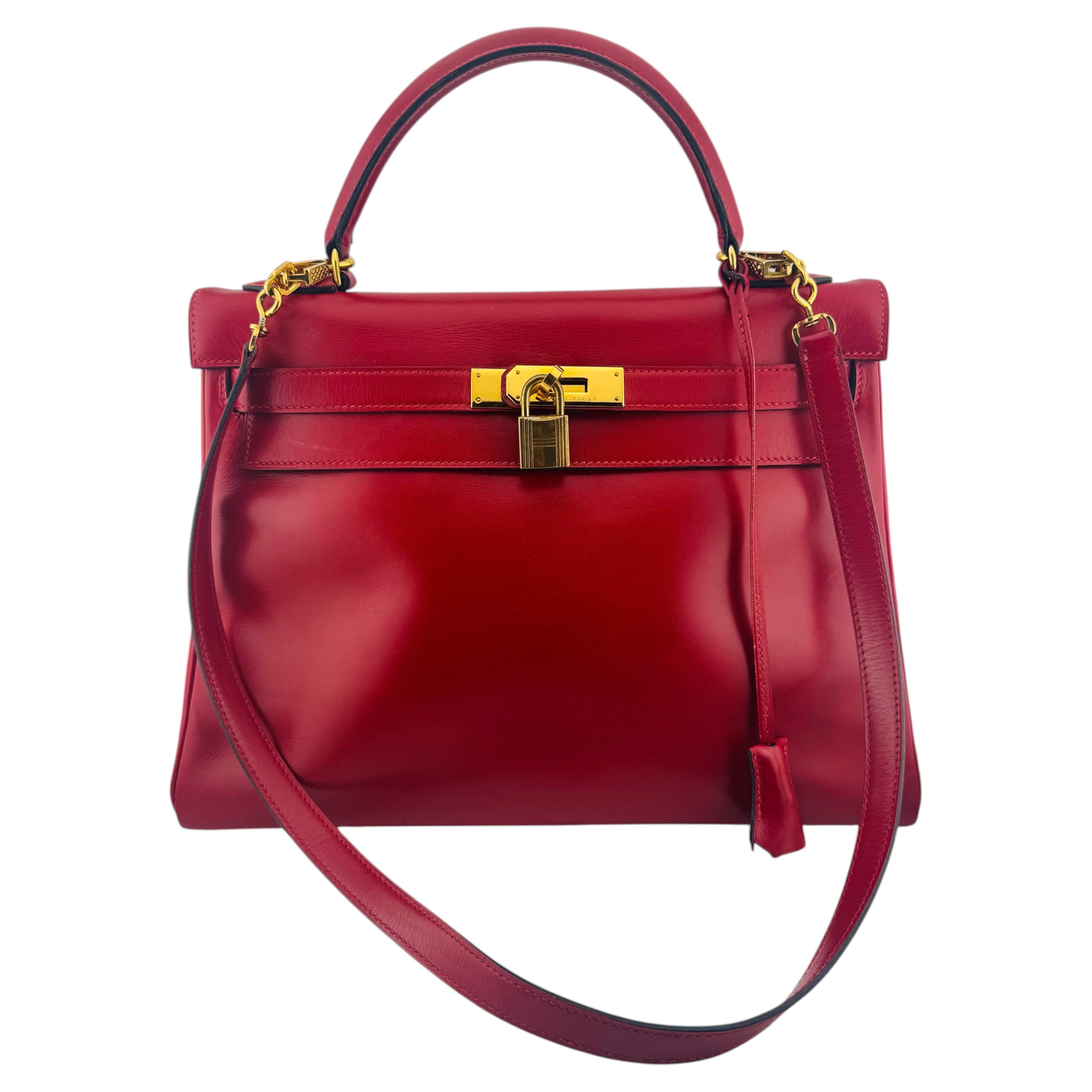 Seltene Hermes Paris Kelly-Tasche 32 Retourne Box, Leder in Rouge-Rot, goldene Beschläge, 1990