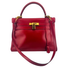 Rare Hermes Paris Kelly bag 32 Retourne Box leather rouge red Gold hardware 1990