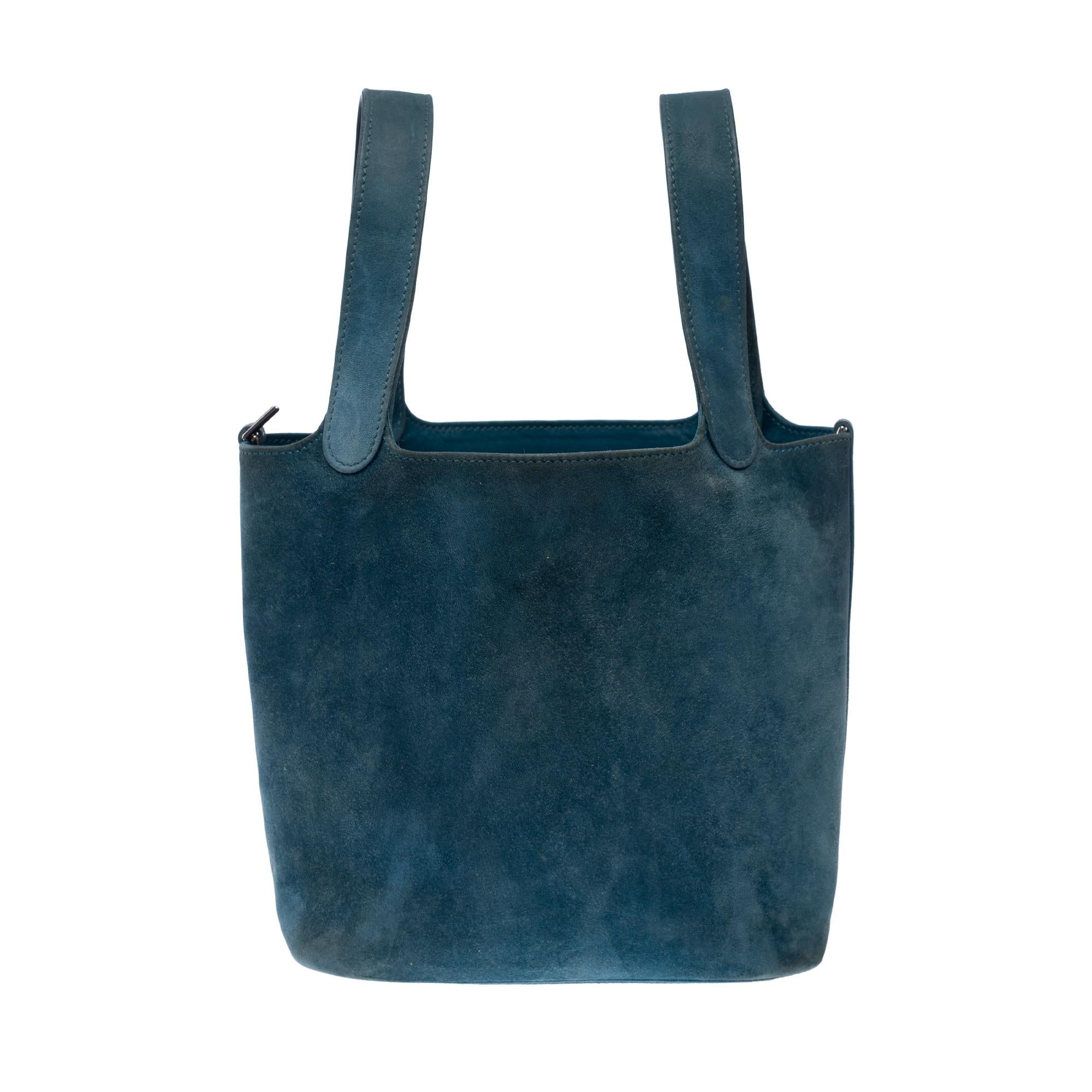 Rare Hermès Picotin 18 lock in Blue Thalassa Doblis Suede Calf leather , PHW In Good Condition For Sale In Paris, IDF