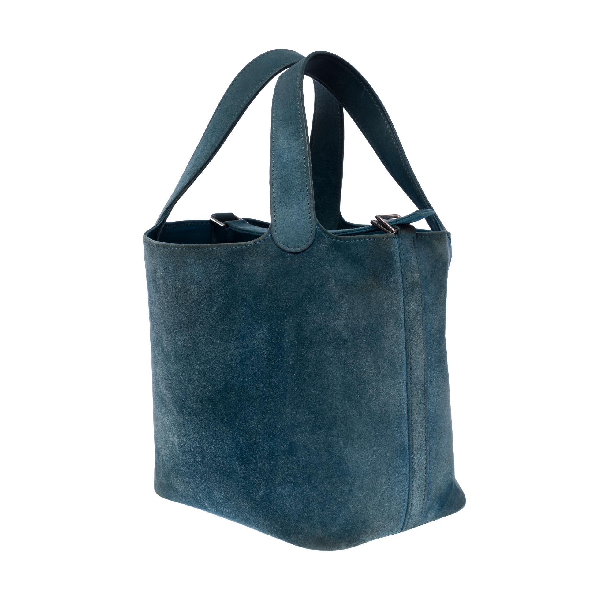 Women's Rare Hermès Picotin 18 lock in Blue Thalassa Doblis Suede Calf leather , PHW For Sale