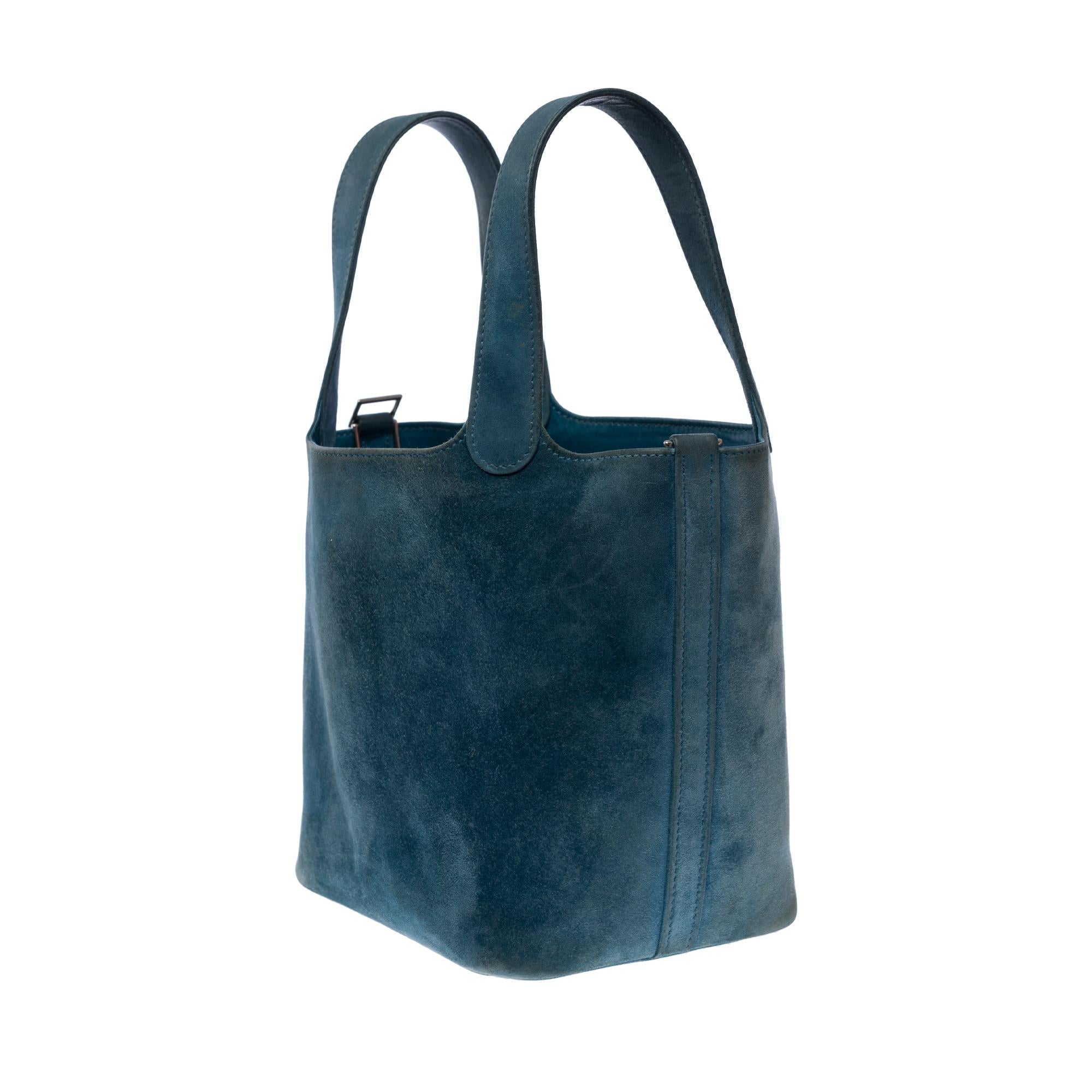 Rare Hermès Picotin 18 lock in Blue Thalassa Doblis Suede Calf leather , PHW For Sale 1