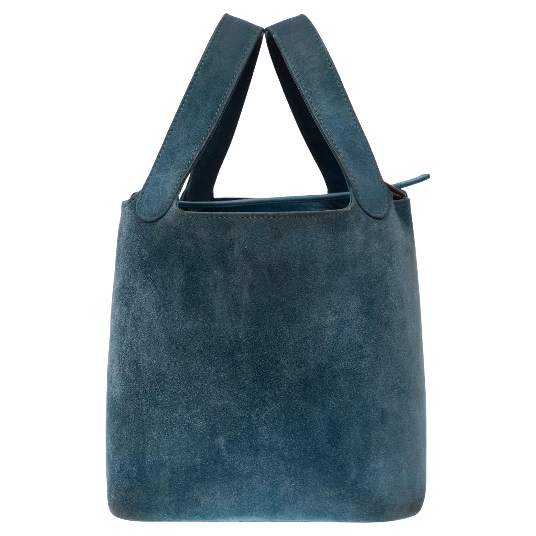 Rare Hermès Picotin 18 lock in Blue Thalassa Doblis Suede Calf leather , PHW For Sale