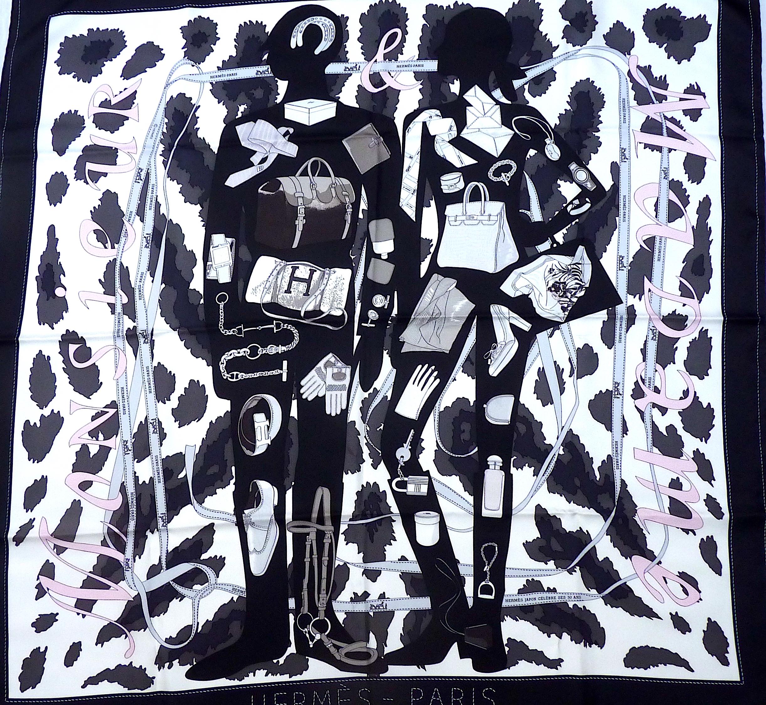 Hermes Scarf Monsieur et Madame Japan 30th Limited Silk Auth 90 cm , Brand New in Box, never worn.
Ultra Rare in this very nice color Black Gray White Baby Pink !
Bali Barret created more than 20 scarf designs of her own while leading the silk and