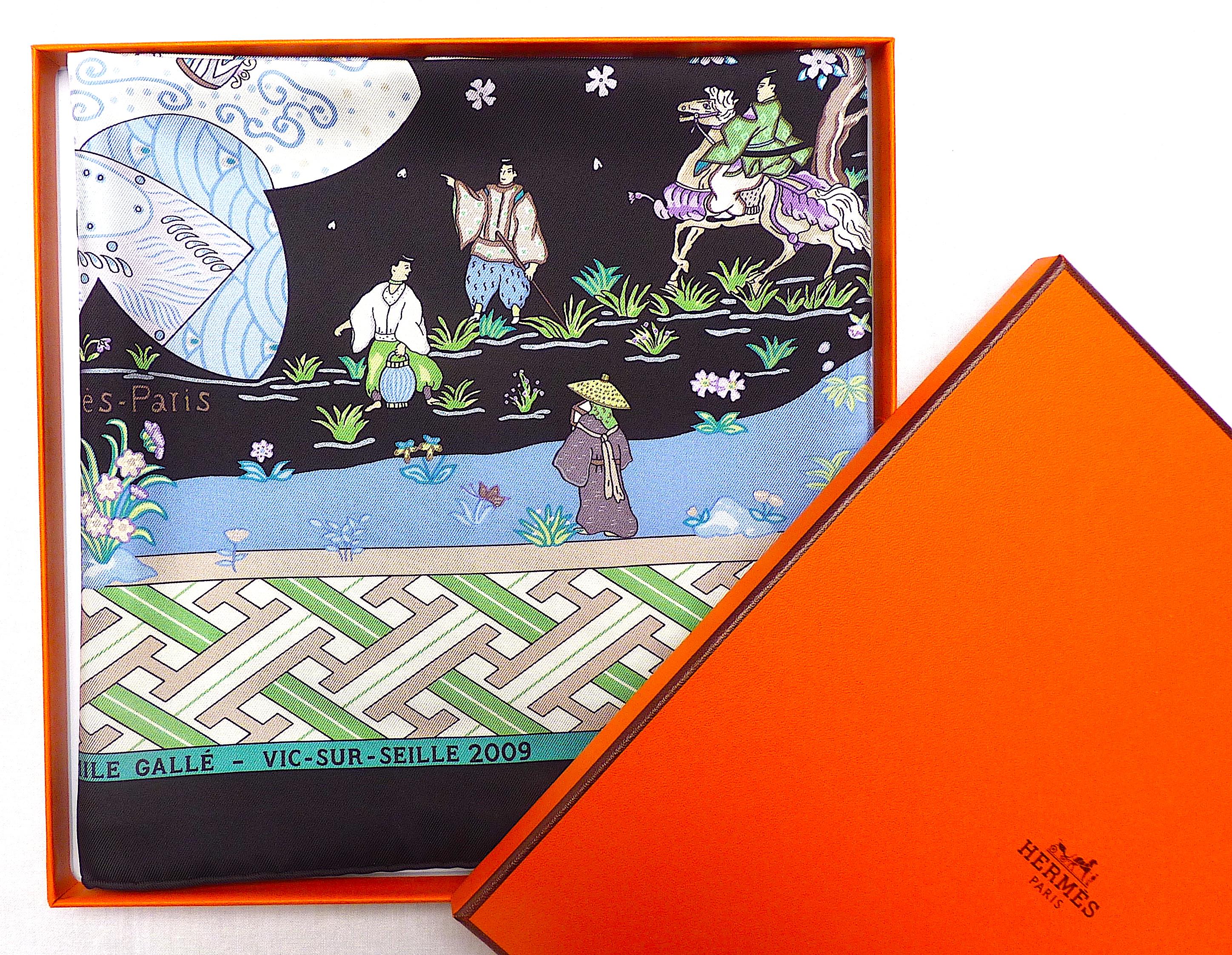 Hermes Carré Twill 'Ballade de Heian' scarf, Exceptionally rare and sought-after design by Natsuno Hidaka. This is the limited edition specially released in 2009 for the exhibition of the French artist and designer Emile Galle in Vic-Sur-Seine. It