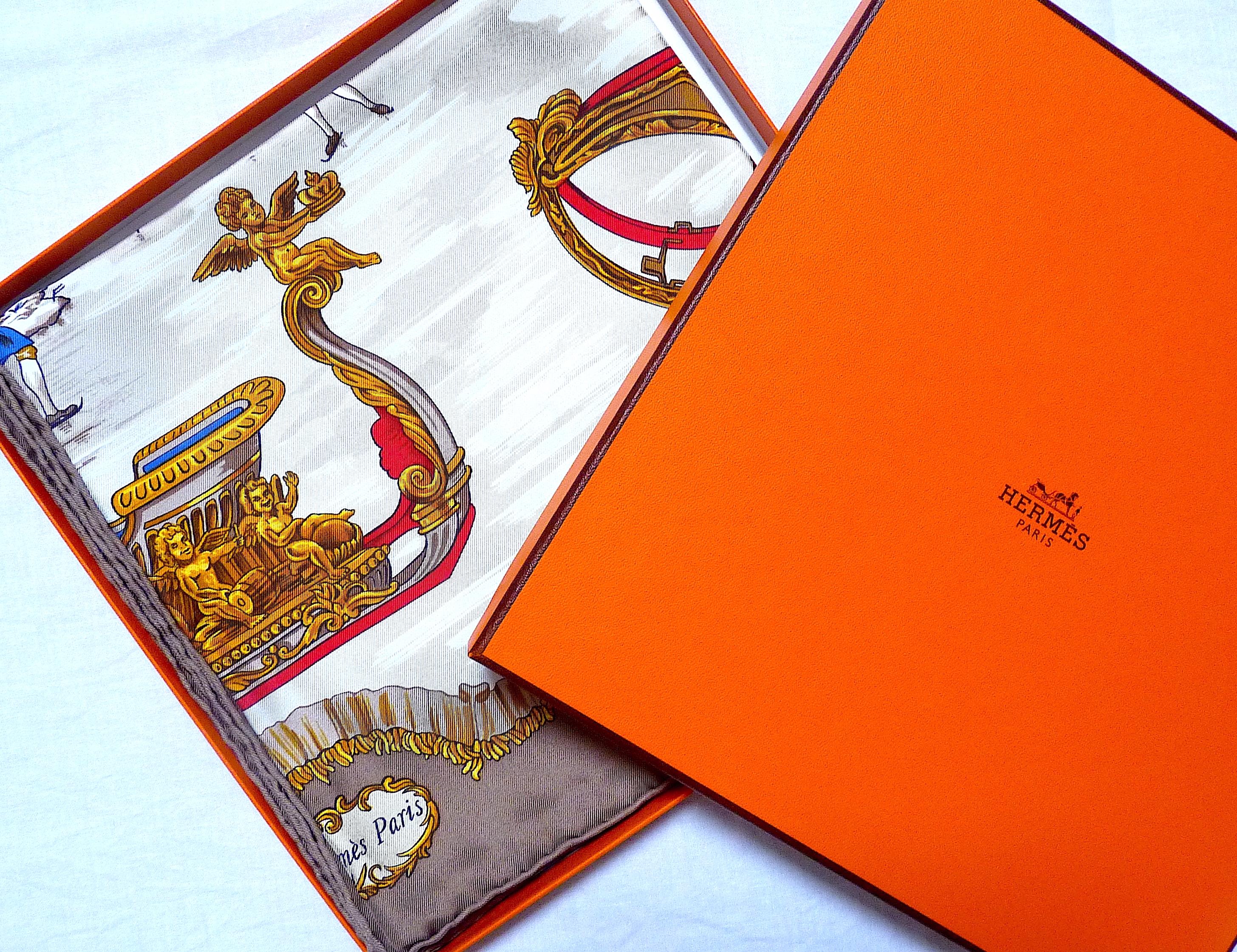 HERMES Silk Scarf, 90 cm x 90 cm BRAND NEW with its Hermès Box , Entitled Traîneaux et Glissades, designed by Françoise de La Perrière in 1965.  This is the second issue, from 2000. Absolutely Authentic !
Made of a very subtile silk twill covered in