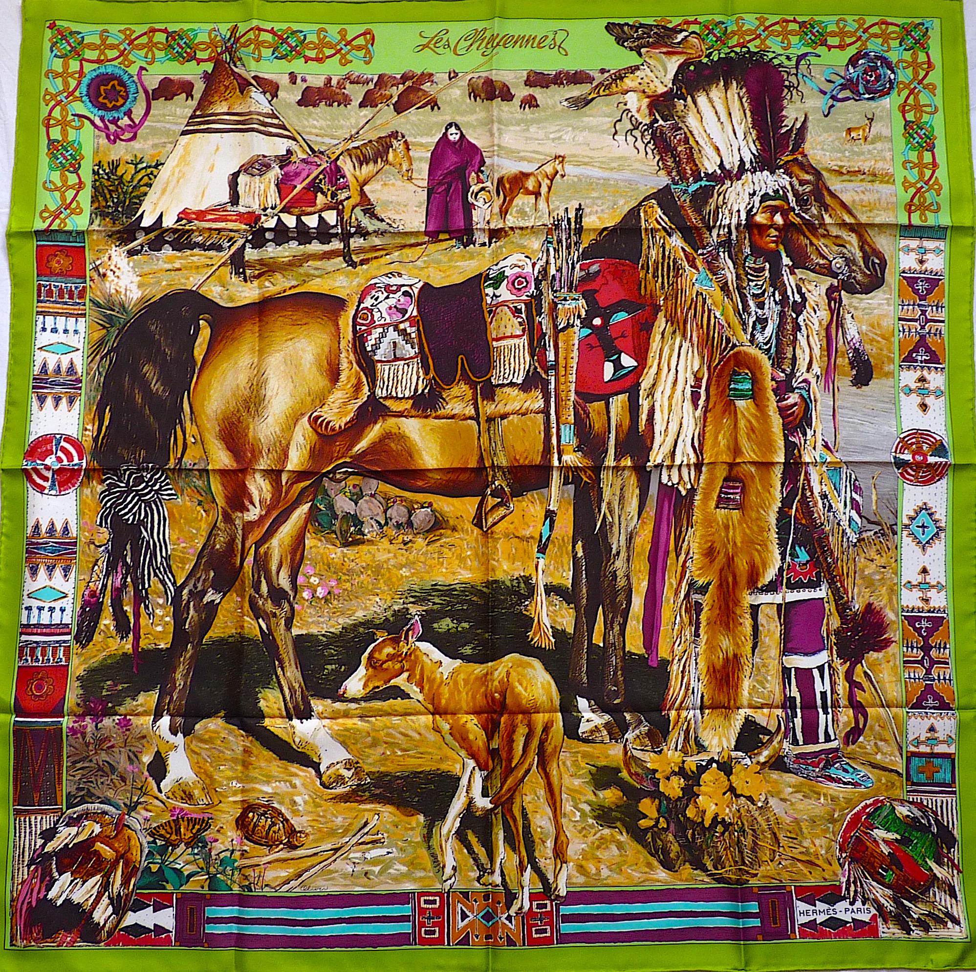 Rare HERMES Scarf LES CHEYENNES by Kermit Oliver, Perfect Condition With Box In New Condition In CHAMPEAUX-SUR-SARTHE, FR
