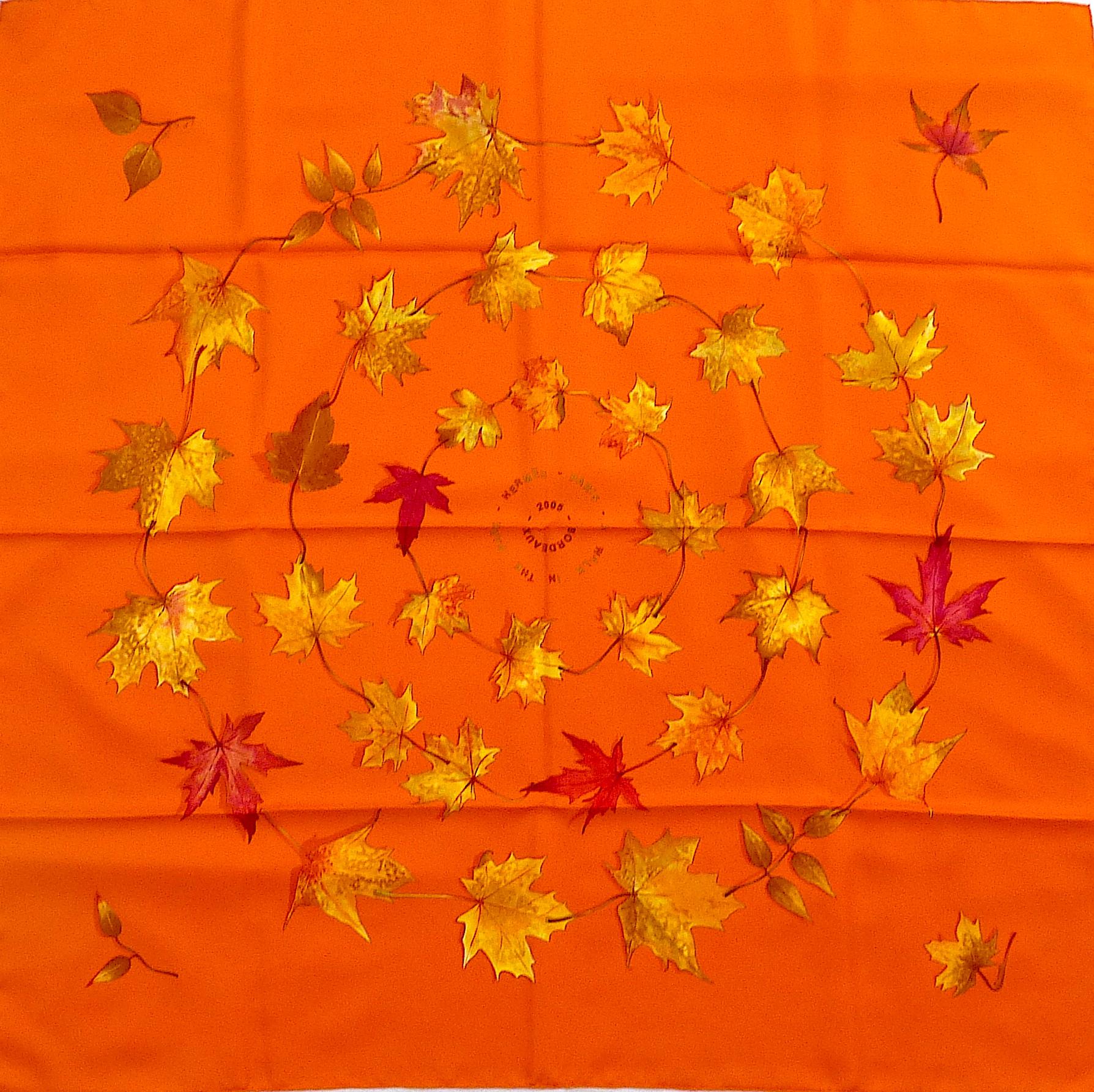 Very Rare Hermès Scarf Special Edition A Walk in the Park for the Opening of Bordeaux Store in 2005.
A very nice fall leaf design by L. P. Cooke, on a gorgeous Hermes Orange background ! Delivered with its Original Hermes Box

CONDITION : Excellent