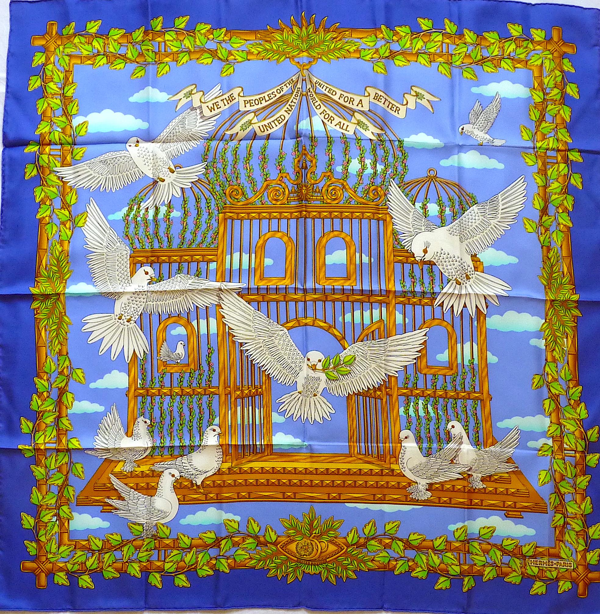 Very rare Hermes scarf L'Envol Special Edition published in 1995 for the 50 years of the United Nations. It is immaculate, Brand New in original Hermès Box. 
The United Nations was founded in San Francisco in 1945, it is an international