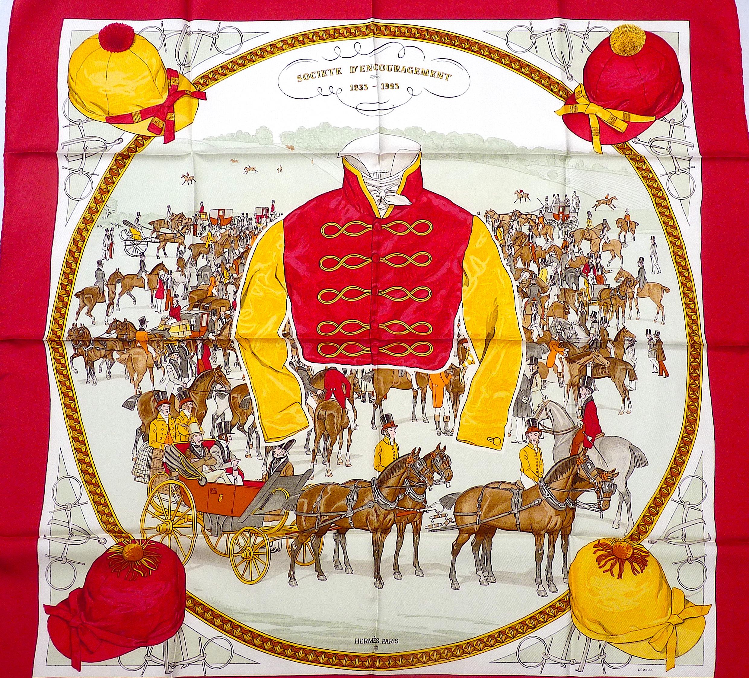 Hermes Silk Scarf  On Epsom Downs Special Edition for the Société d'Encouragement in 1983, Ultra Rare and Sought After by Hermes Collectors !
The 