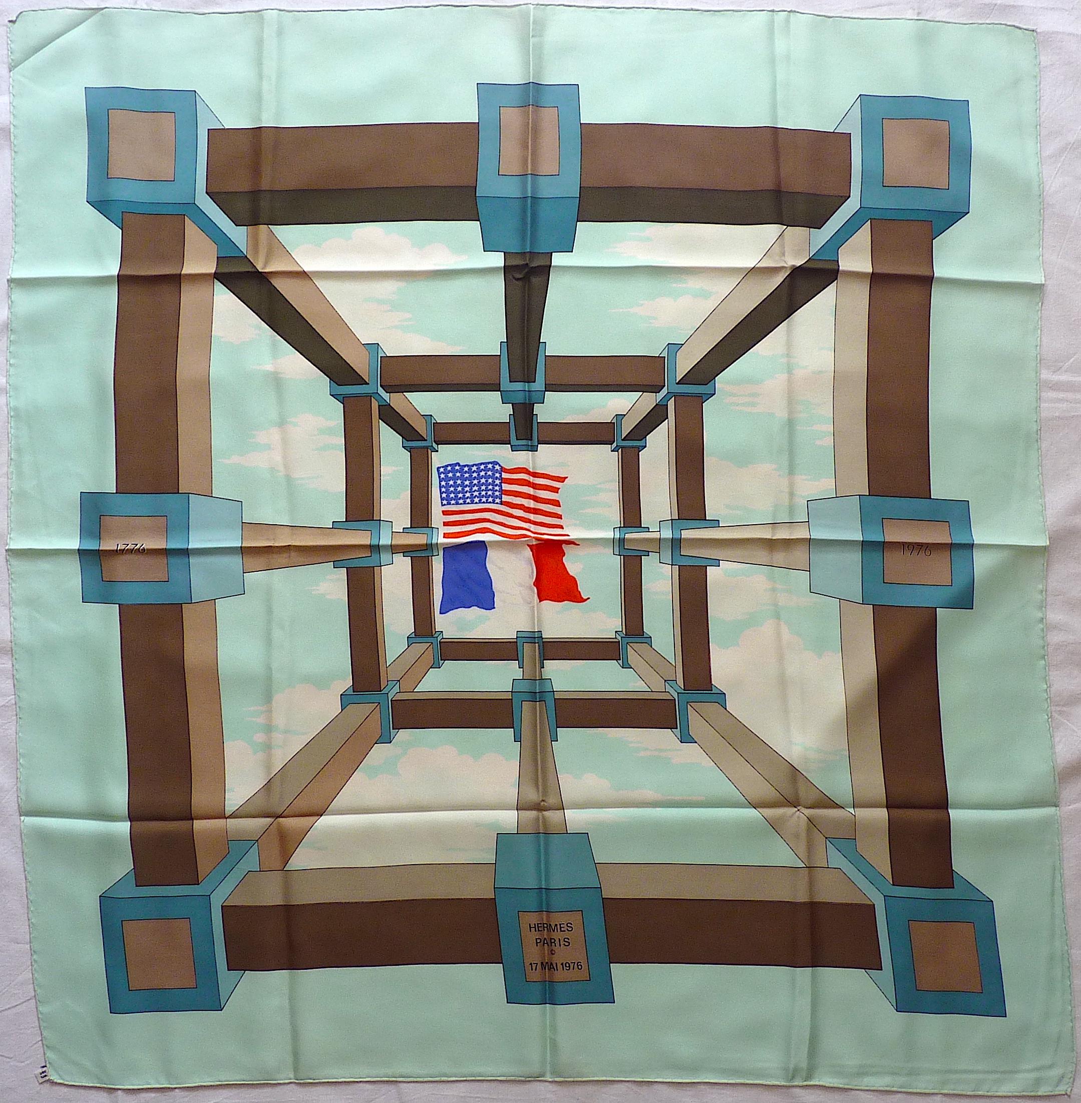 Rare Hermes Scarf Special Edition Perspective for Bicentenary of the USA, 1976 In Excellent Condition For Sale In CHAMPEAUX-SUR-SARTHE, FR
