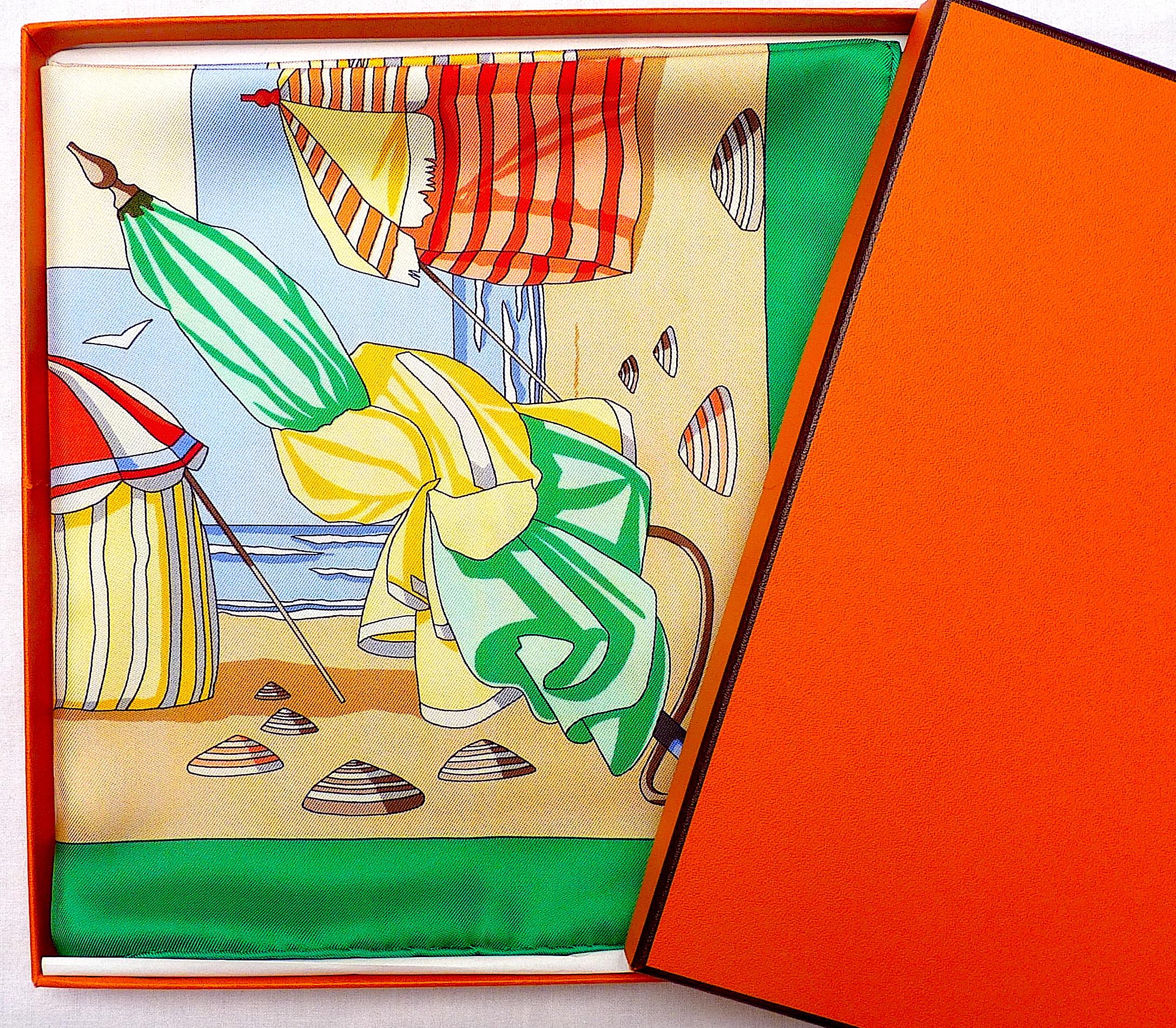 Rare HERMES Scarf BRAND NEW with Box Entitled Charmes des Plages Normandes, by Loïc Dubigeon, very rare Hermes scarf sought after by Hermes Collectors : Deauville, Cabourg, Trouville... These mythical French Normandy Beaches and Sea Side Resorts are