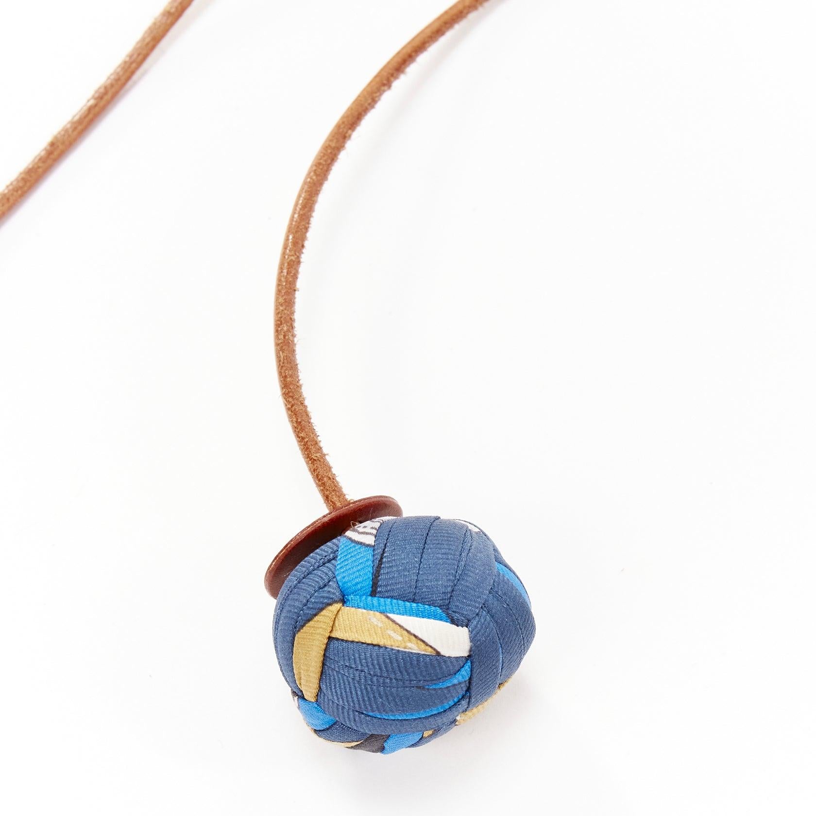 Gray rare HERMES Silk Et Cuir Pompons Bag Charm Bleu Cobalt leather bag charm For Sale