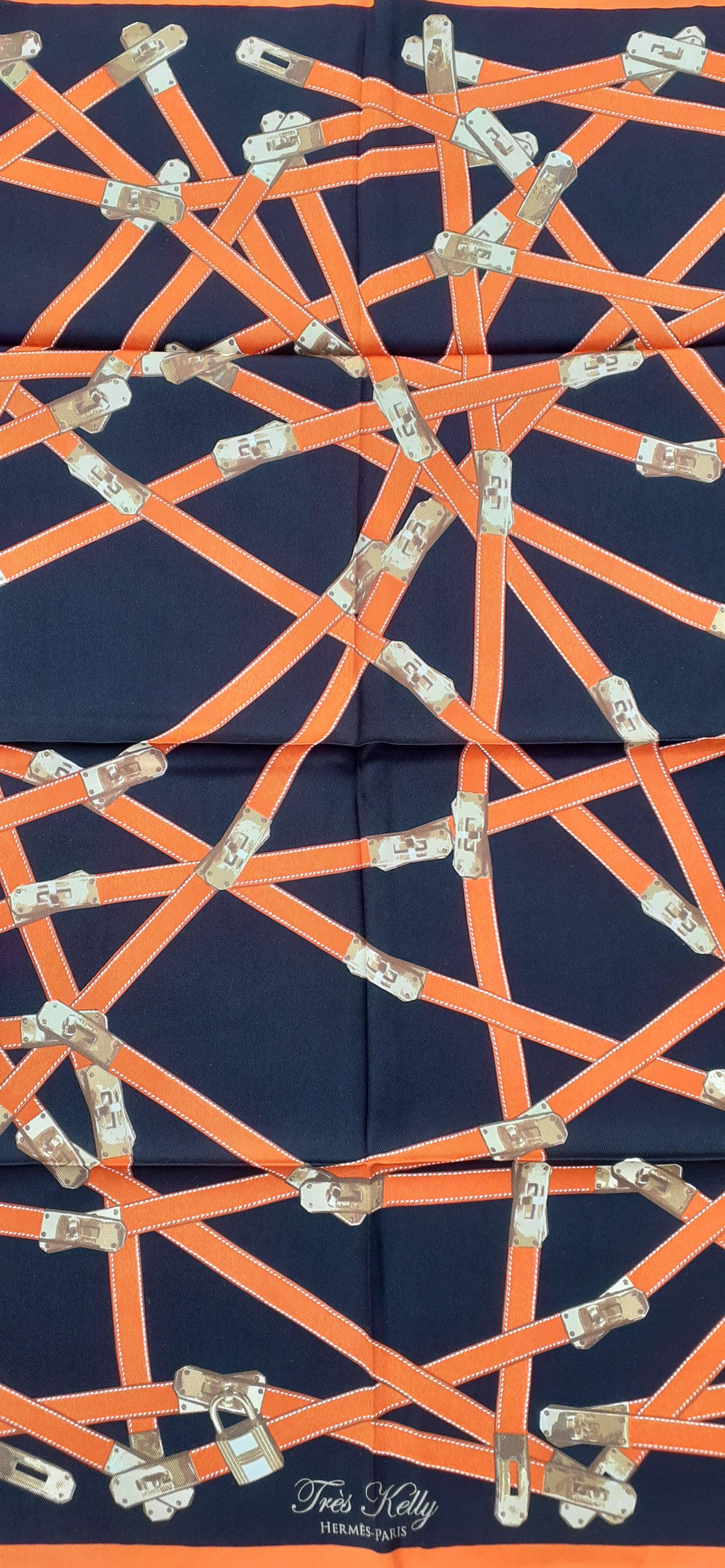 Brown Rare Hermès Silk Scarf Très Kelly Black Orange 66 cm