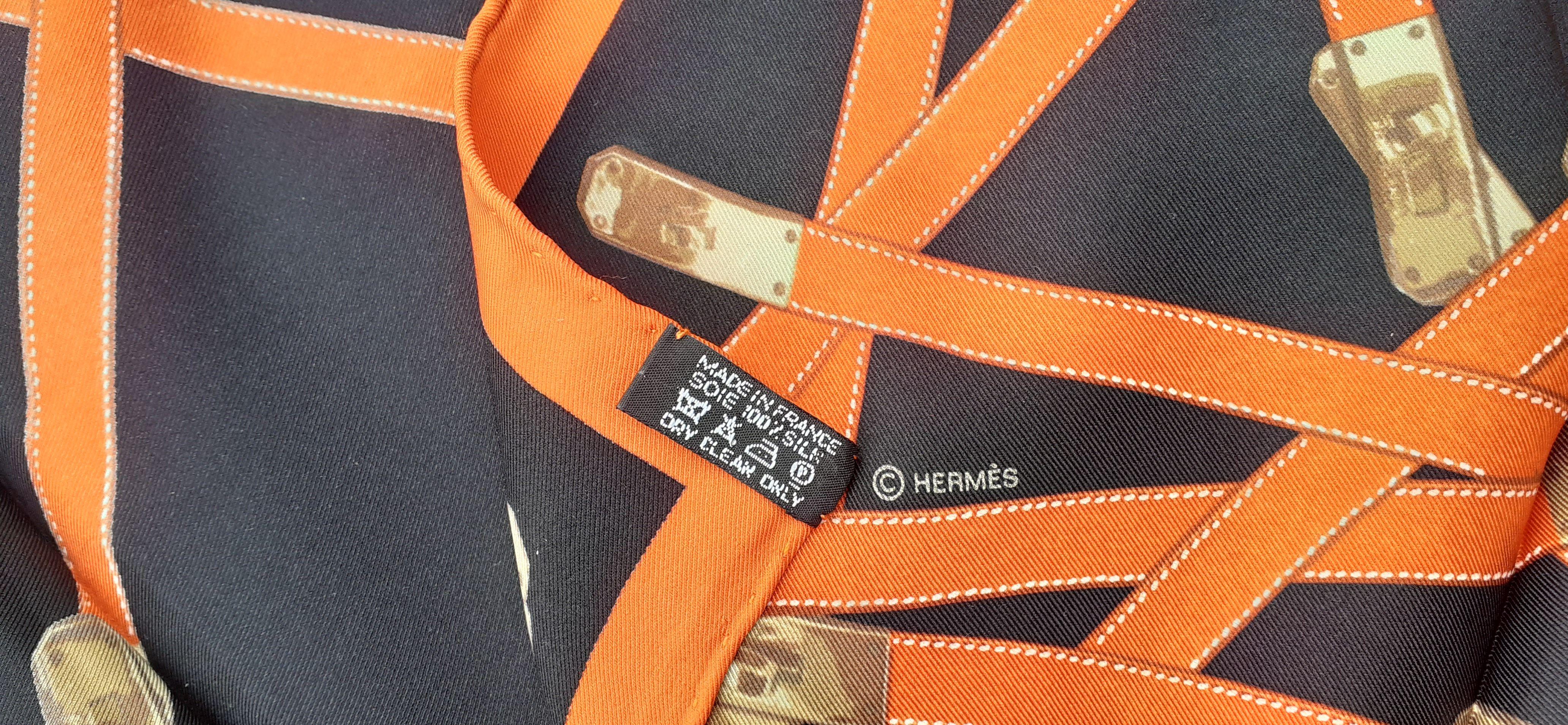 Rare Hermès Silk Scarf Très Kelly Black Orange 66 cm For Sale 3