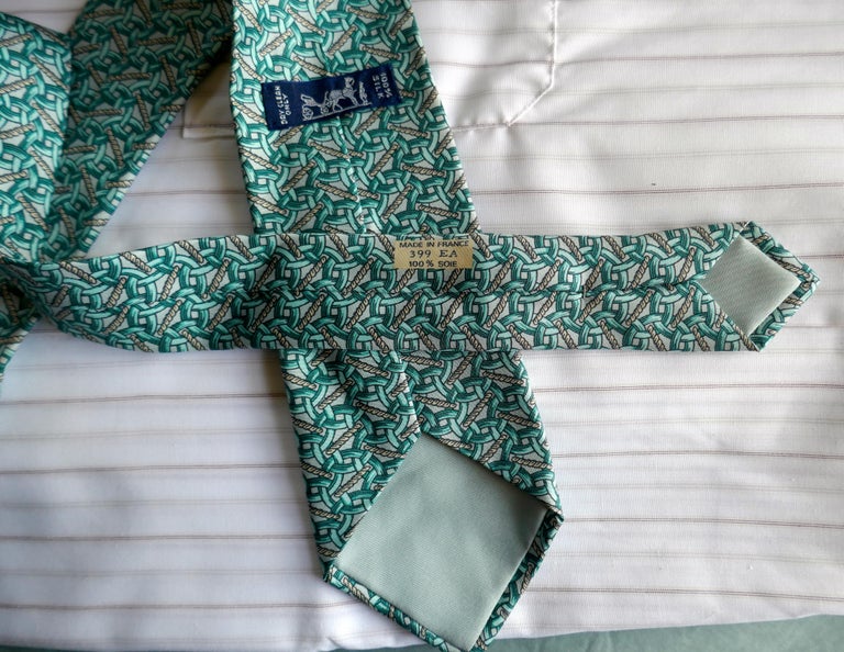 Rare Hermes Silk Tie, All Over Chain Link Pattern, Aqua On Silver/Grey ...