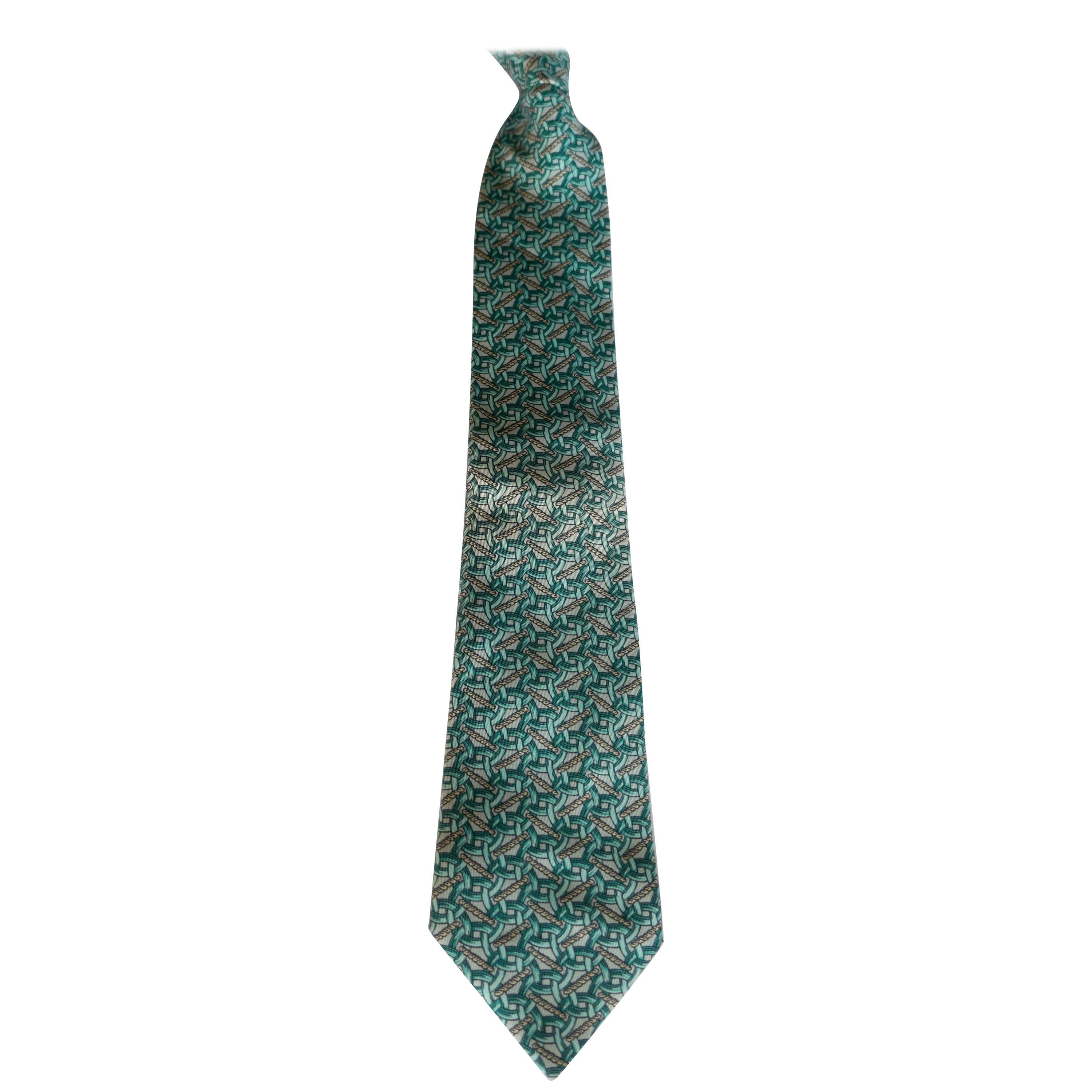Rare Hermes Silk Tie, All Over Chain Link Pattern, Aqua On Silver/Grey