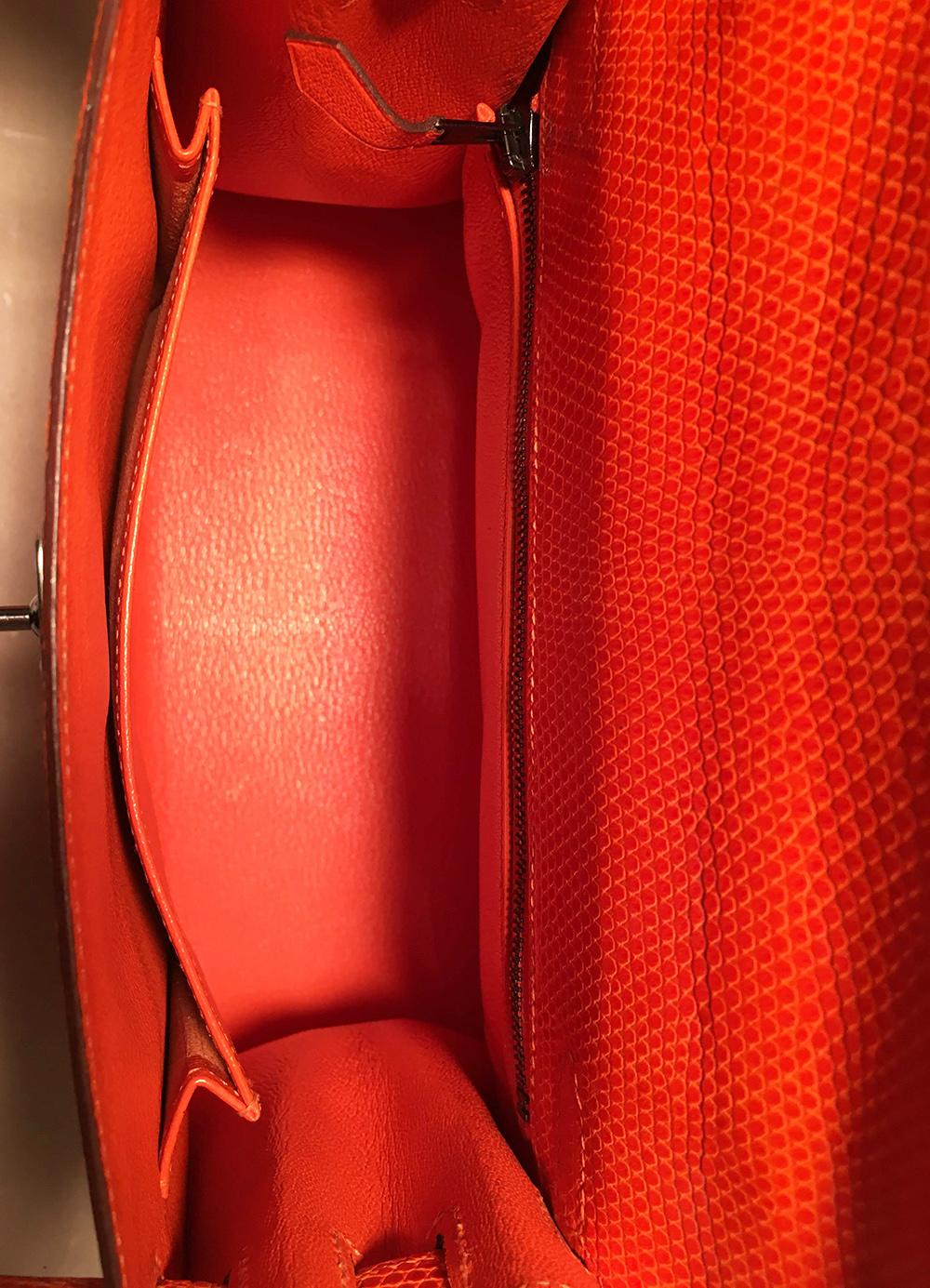 Rare sac Kelly 25 cm Sellier Hermès en cuir de lézard niloticus orange Tangerine brillant en vente 4