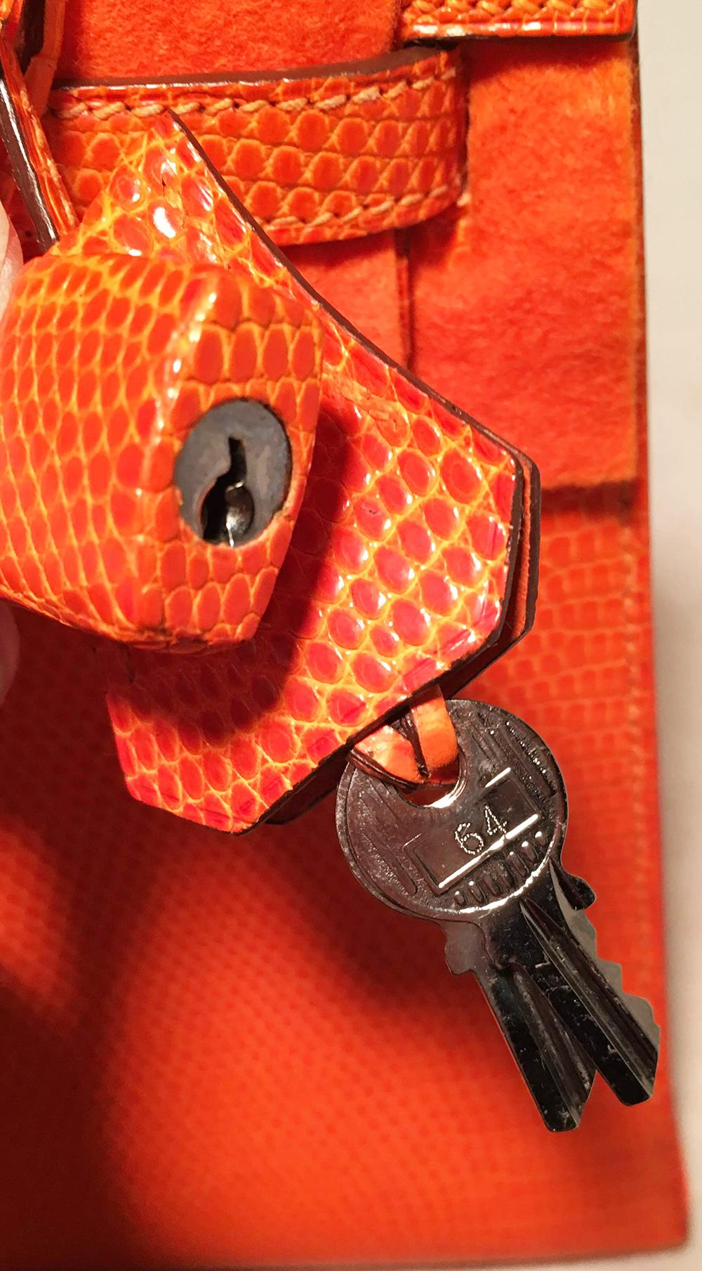Rare sac Kelly 25 cm Sellier Hermès en cuir de lézard niloticus orange Tangerine brillant en vente 7