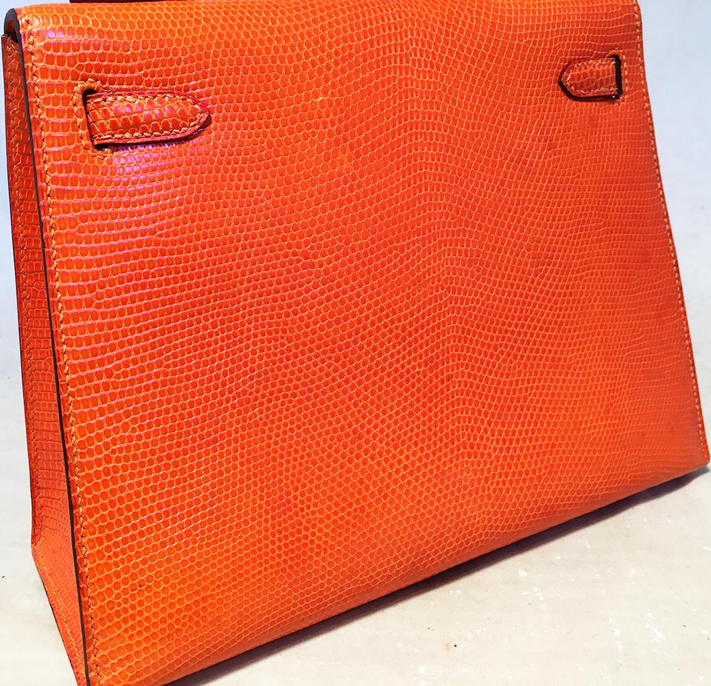 Rare sac Kelly 25 cm Sellier Hermès en cuir de lézard niloticus orange Tangerine brillant en vente 11