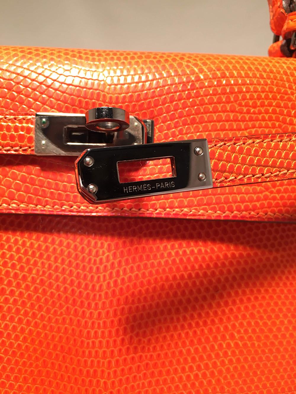 Rare sac Kelly 25 cm Sellier Hermès en cuir de lézard niloticus orange Tangerine brillant en vente 1