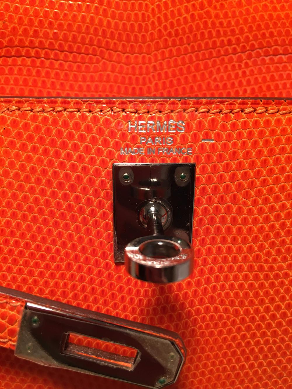 Rare sac Kelly 25 cm Sellier Hermès en cuir de lézard niloticus orange Tangerine brillant en vente 3