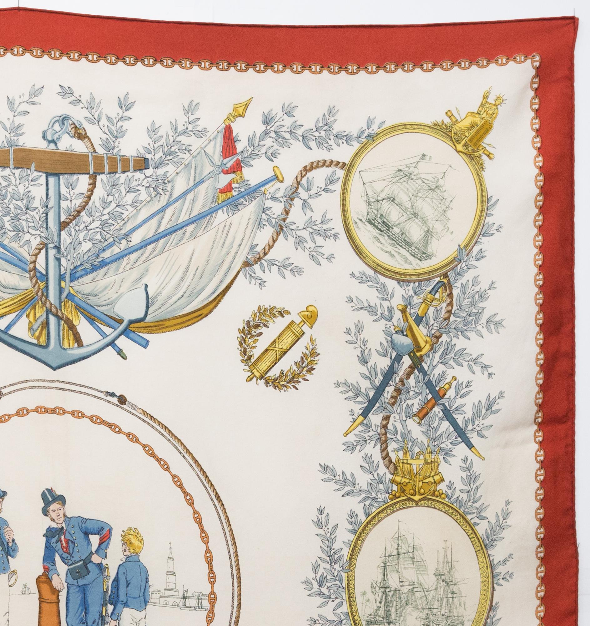 Beige Rare Hermes Vieille Marine by P. Ledoux Silk Scarf