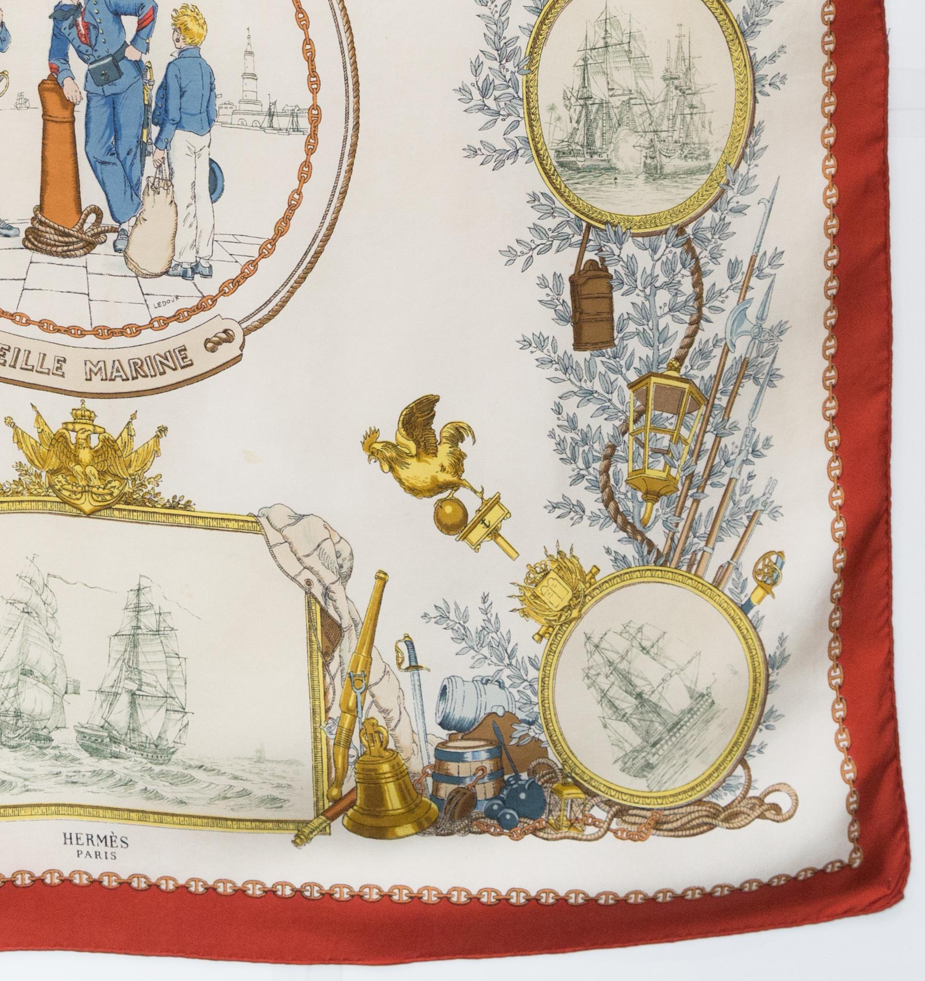 Rare écharpe en soie Vieille Marine d'Hermès par P. Ledoux Unisexe en vente