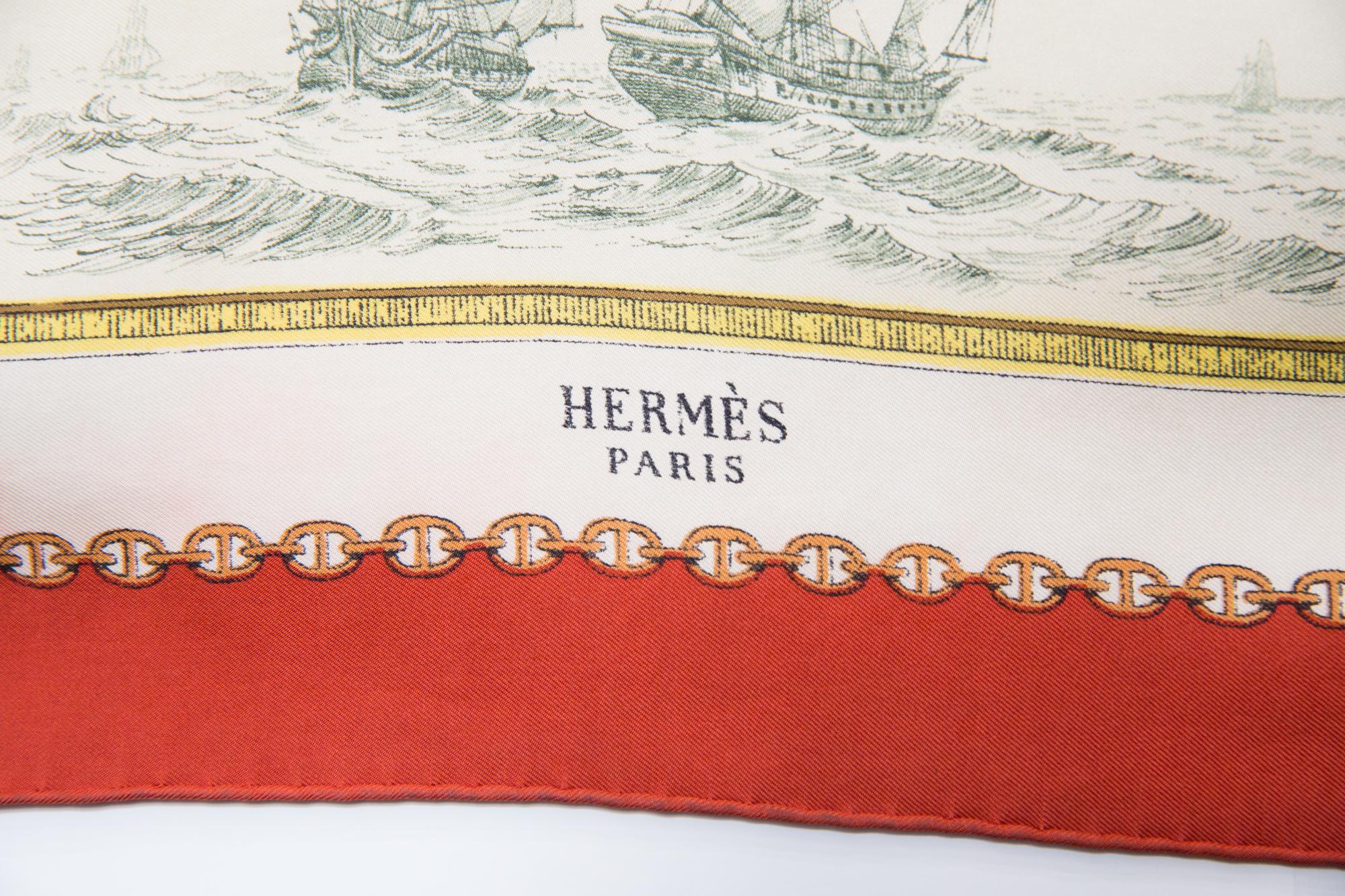 Rare écharpe en soie Vieille Marine d'Hermès par P. Ledoux en vente 1