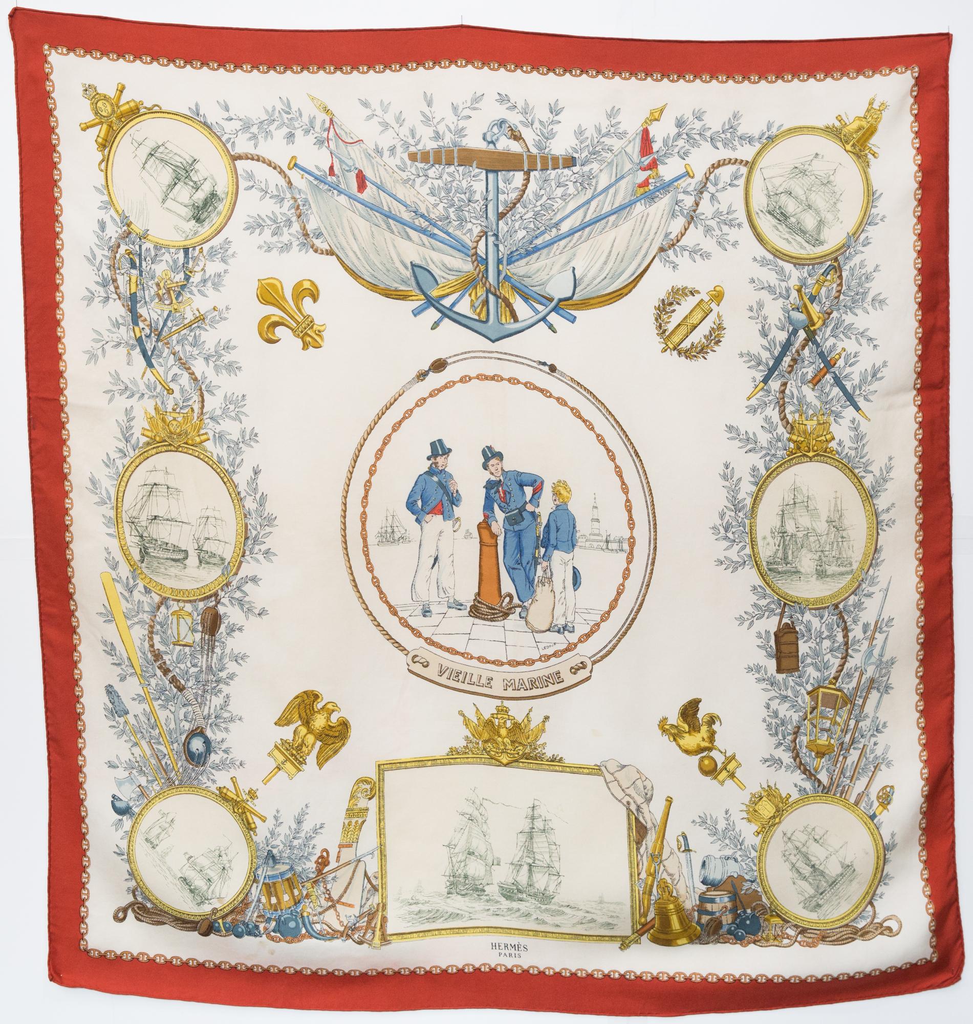 Rare écharpe en soie Vieille Marine d'Hermès par P. Ledoux en vente 2