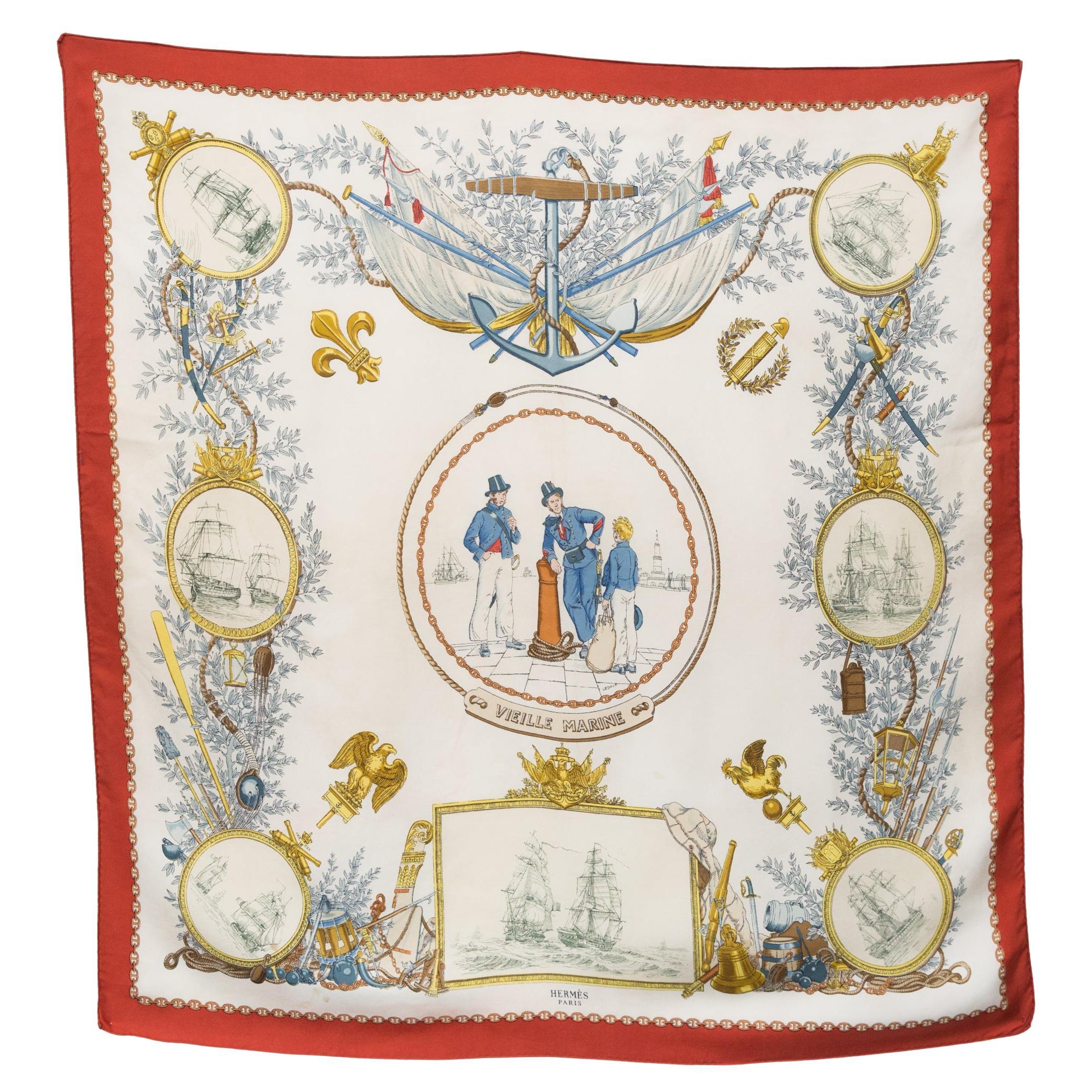 Rare écharpe en soie Vieille Marine d'Hermès par P. Ledoux en vente