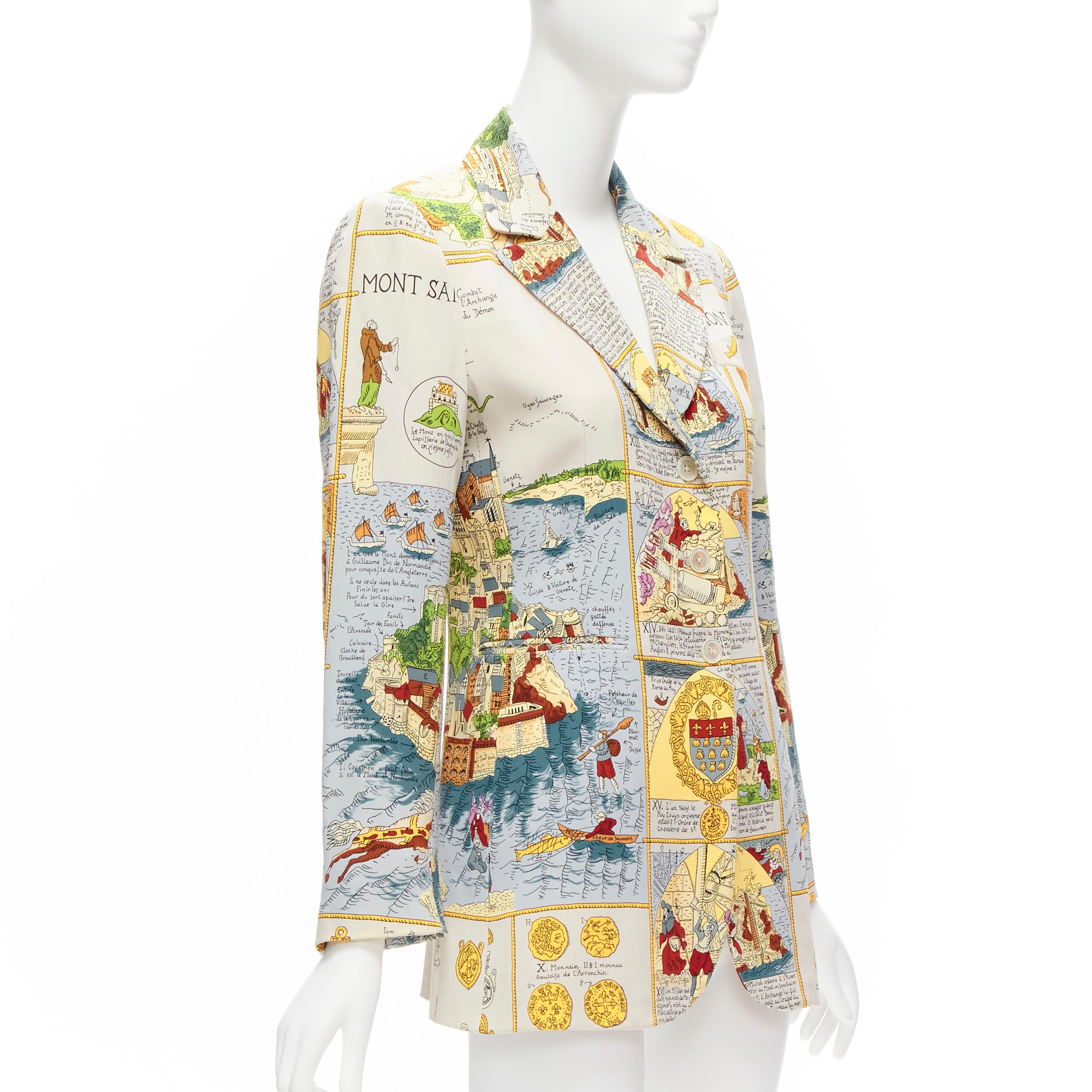 Beige rare HERMES Vintage 100% silk Ancient French Map print blazer jacket FR38 M For Sale