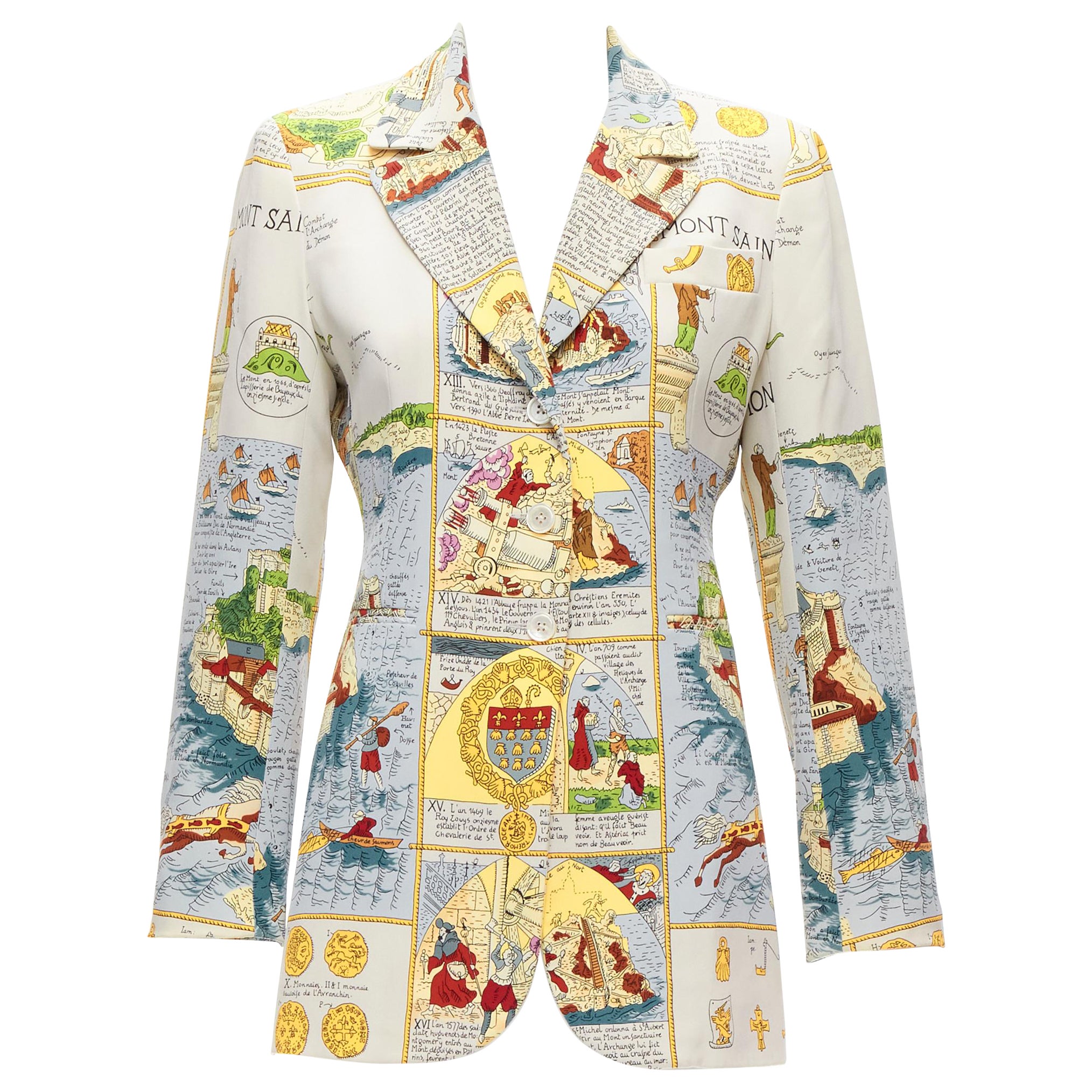 rare HERMES Vintage 100% silk Ancient French Map print blazer jacket FR38 M