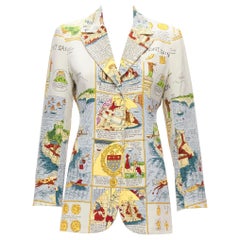 rare HERMES Vintage 100% silk Ancient French Map print blazer jacket FR38 M