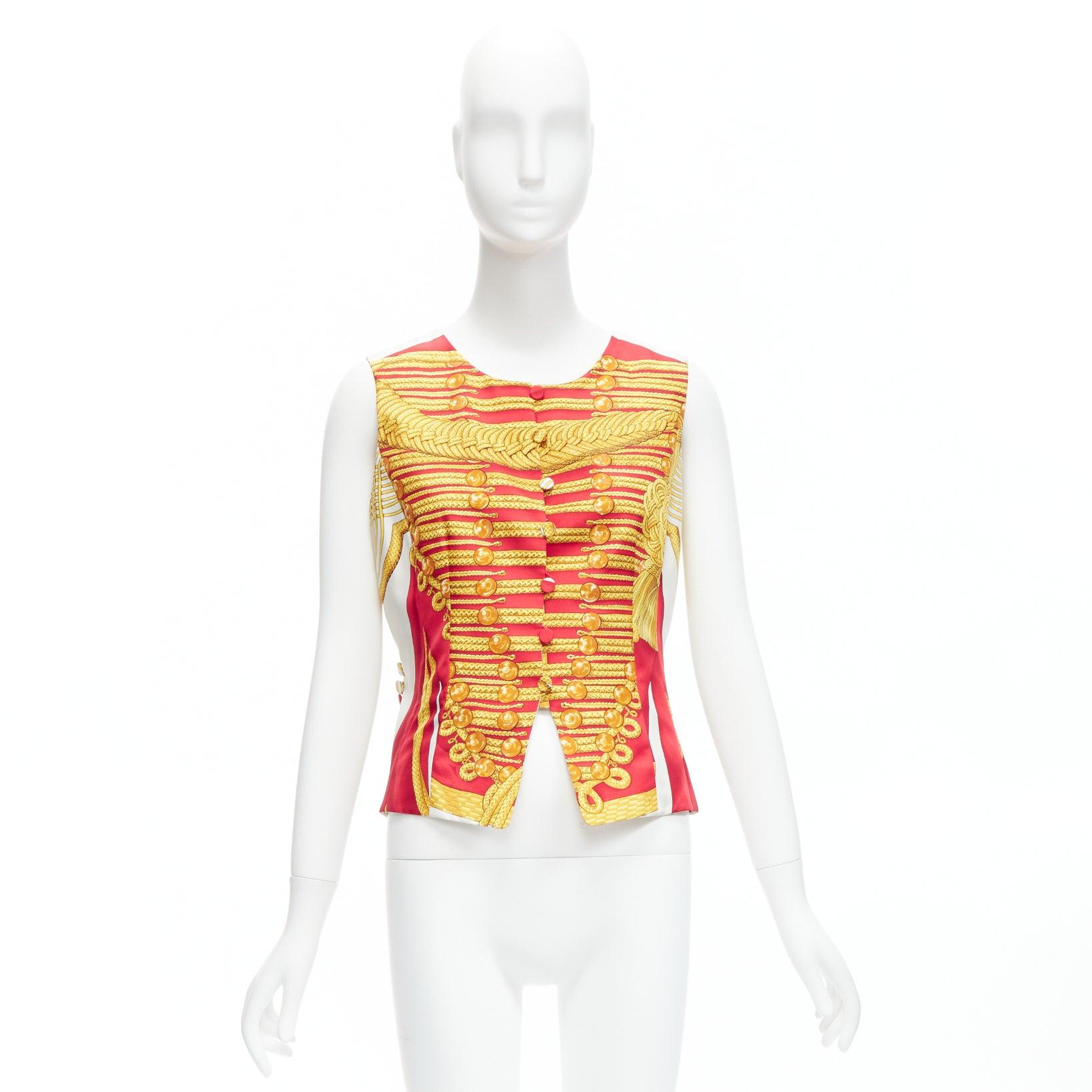 rare HERMES Vintage Hussar Tromp Loeil red gold buttons waistcoat vest FR40 L For Sale 5