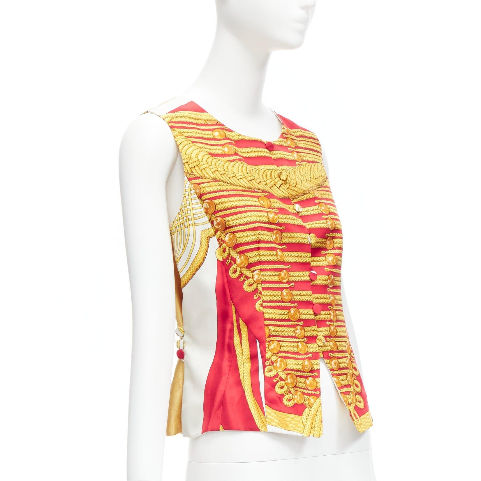 White rare HERMES Vintage Hussar Tromp Loeil red gold buttons waistcoat vest FR40 L For Sale