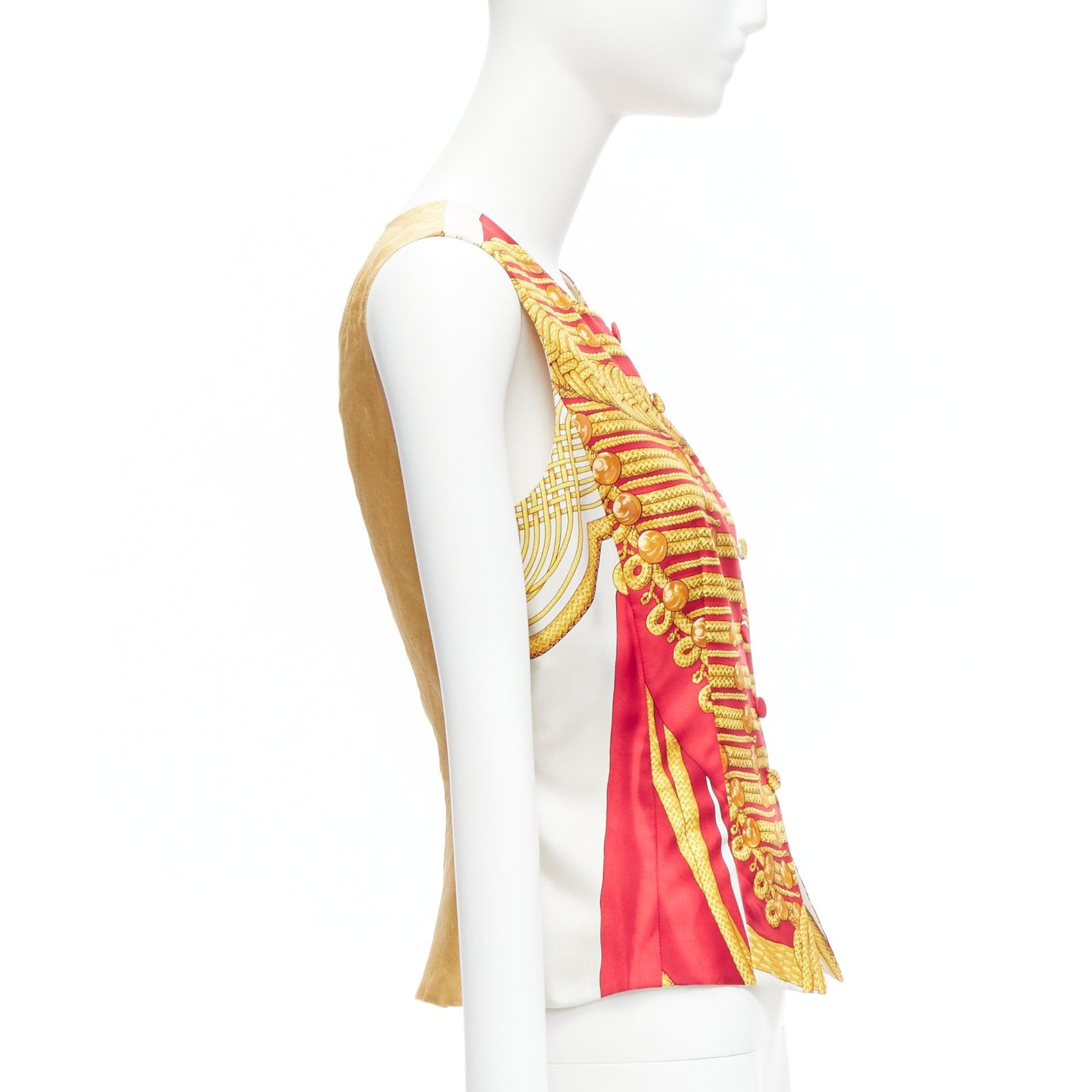 rare HERMES Vintage Hussar Tromp Loeil red gold buttons waistcoat vest FR40 L In Excellent Condition For Sale In Hong Kong, NT