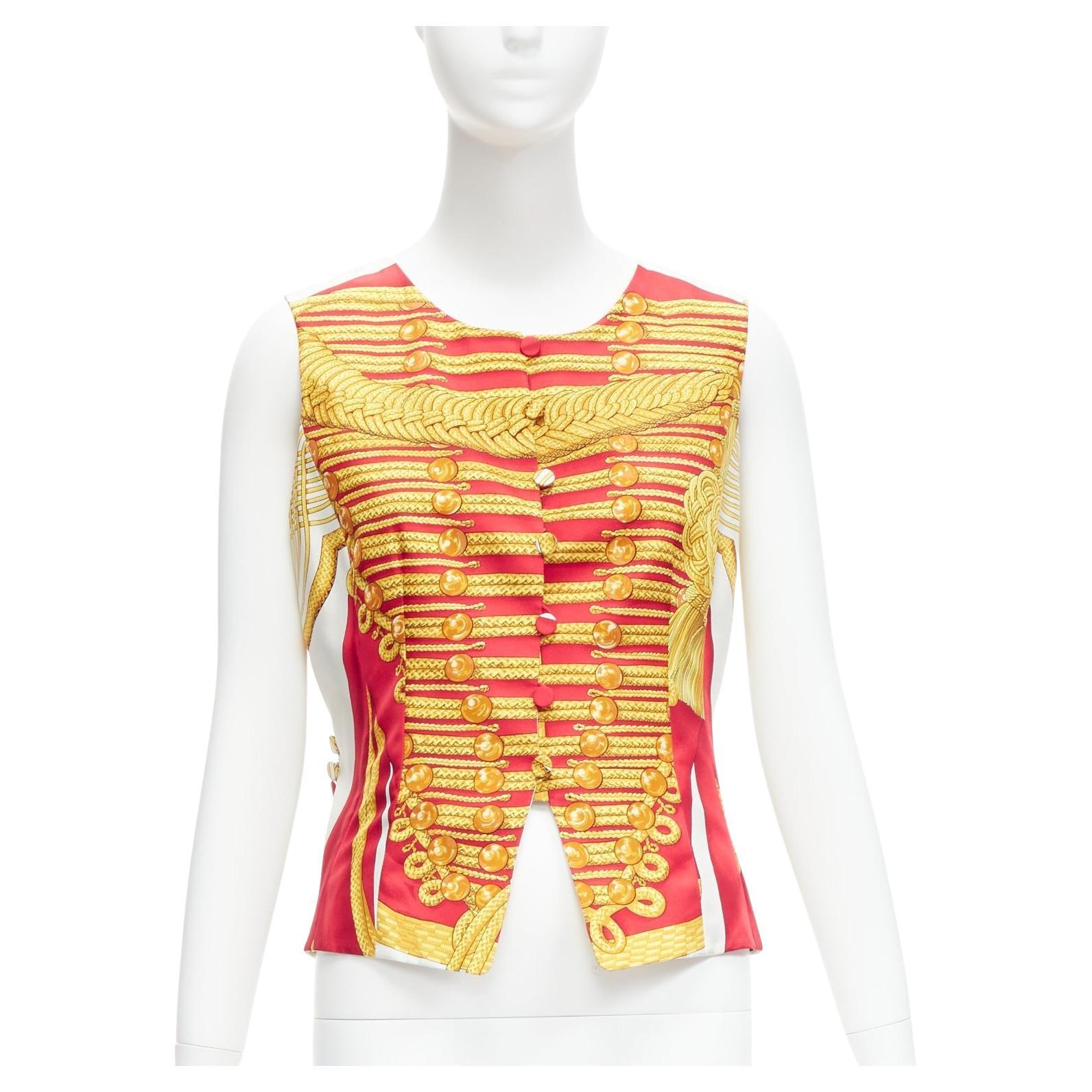 rare HERMES Vintage Hussar Tromp Loeil red gold buttons waistcoat vest FR40 L For Sale