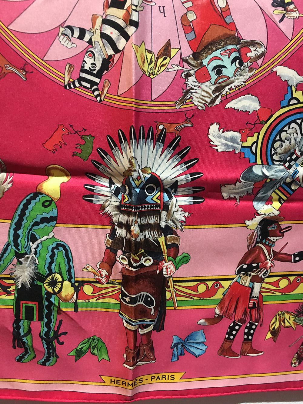 RARE Hermes Vintage Pink Kermit Oliver Kachinas Silk Scarf c1990s In Excellent Condition In Philadelphia, PA