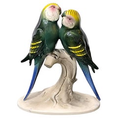 Raro Hertwig Katzhutte Germania Coppia di parrocchetti in porcellana Ornamento