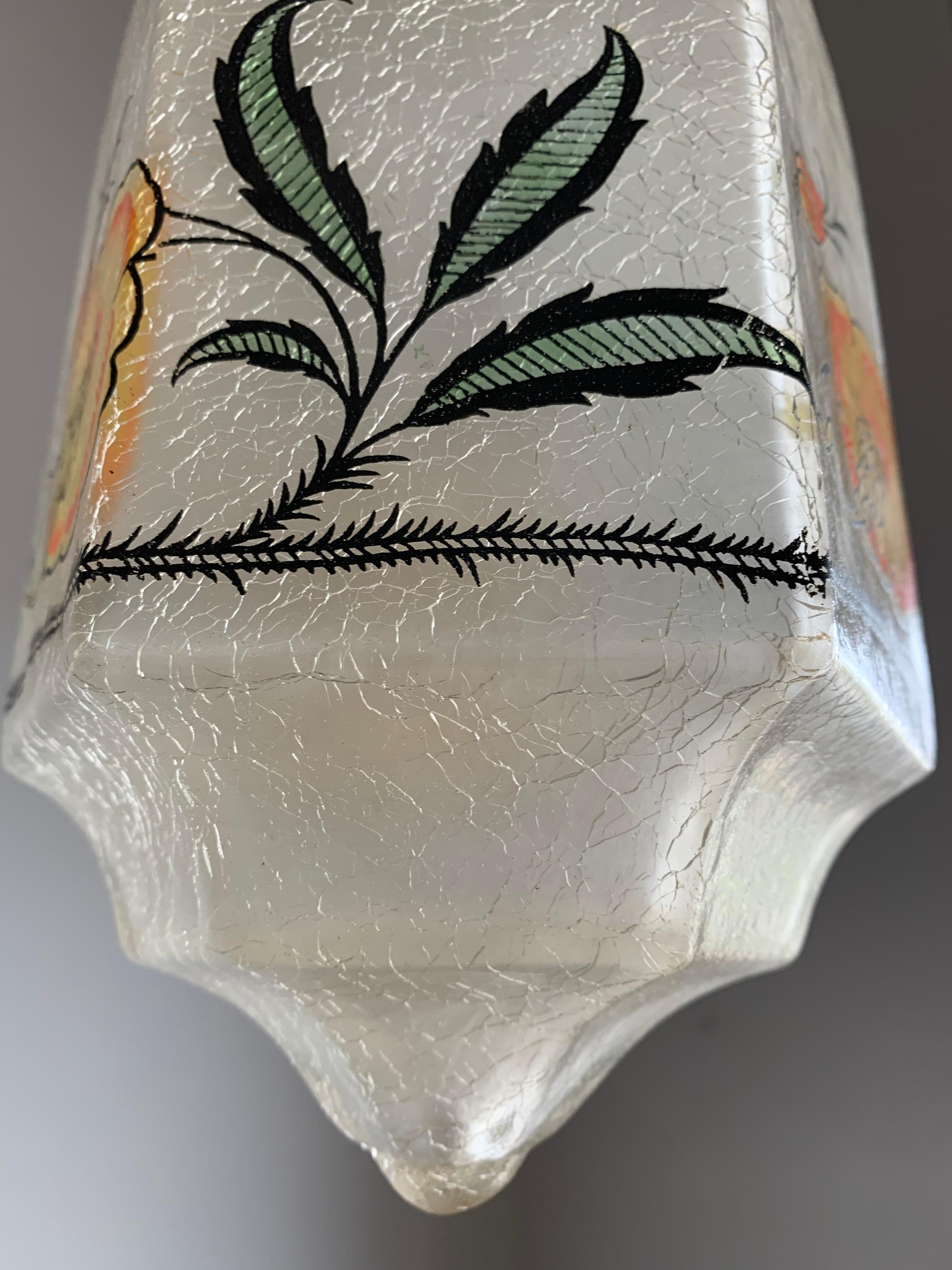 Rare Hexagonal Shape 1920s Crackled Glass w. Striking Flower Shade Pendant Light 9