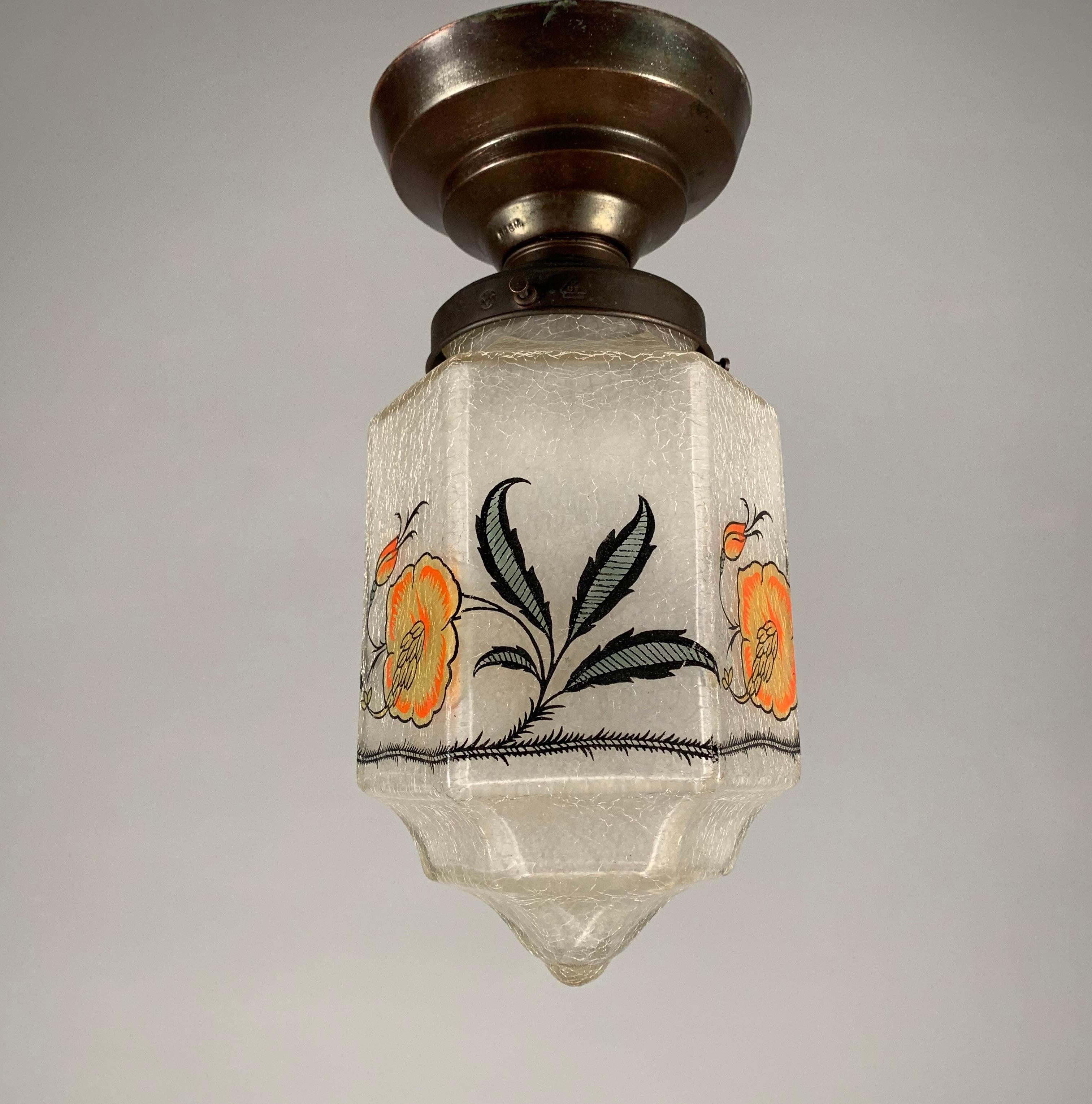 Arts and Crafts Rare Hexagonal Shape 1920s Crackled Glass w. Striking Flower Shade Pendant Light