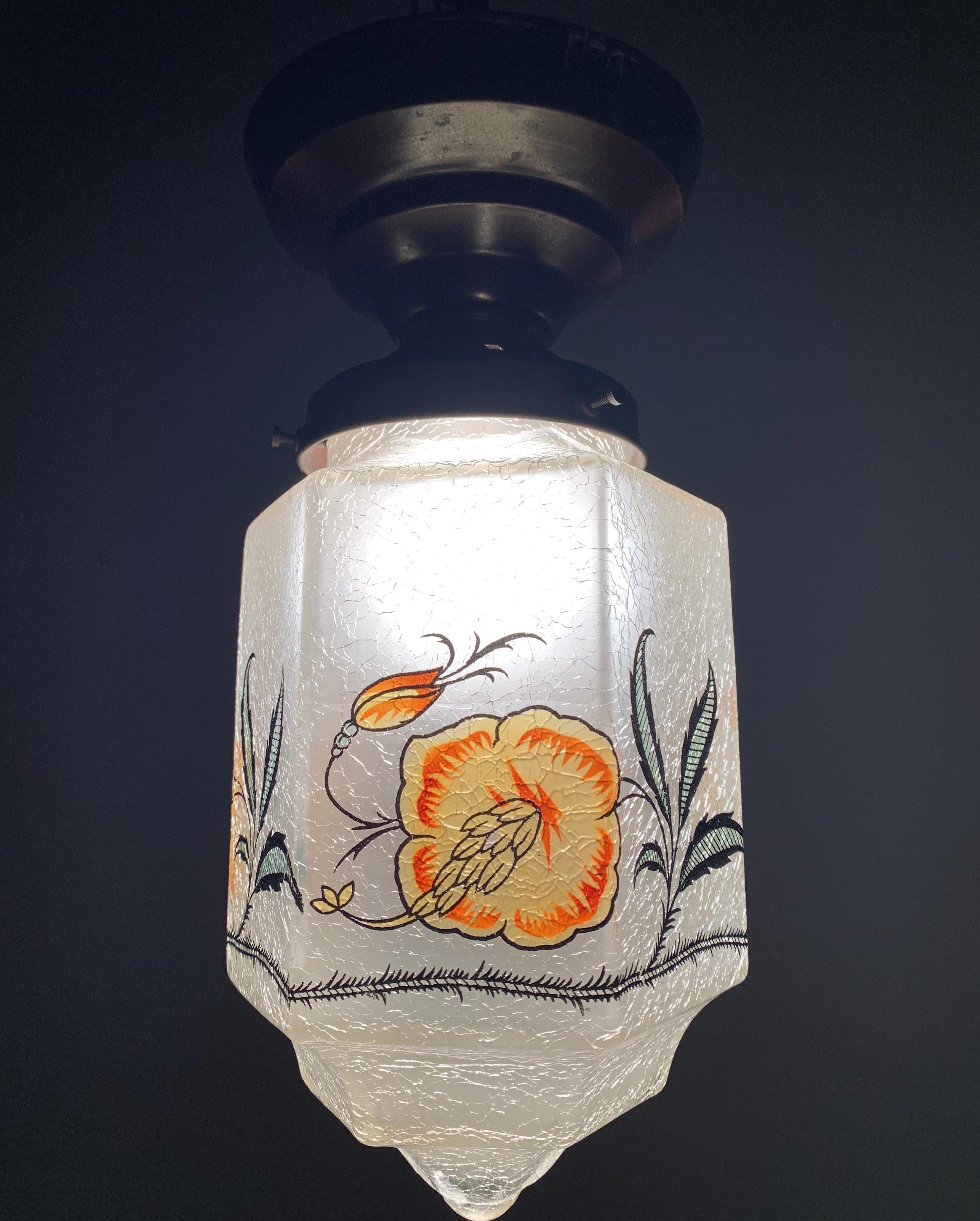 Hand-Crafted Rare Hexagonal Shape 1920s Crackled Glass w. Striking Flower Shade Pendant Light