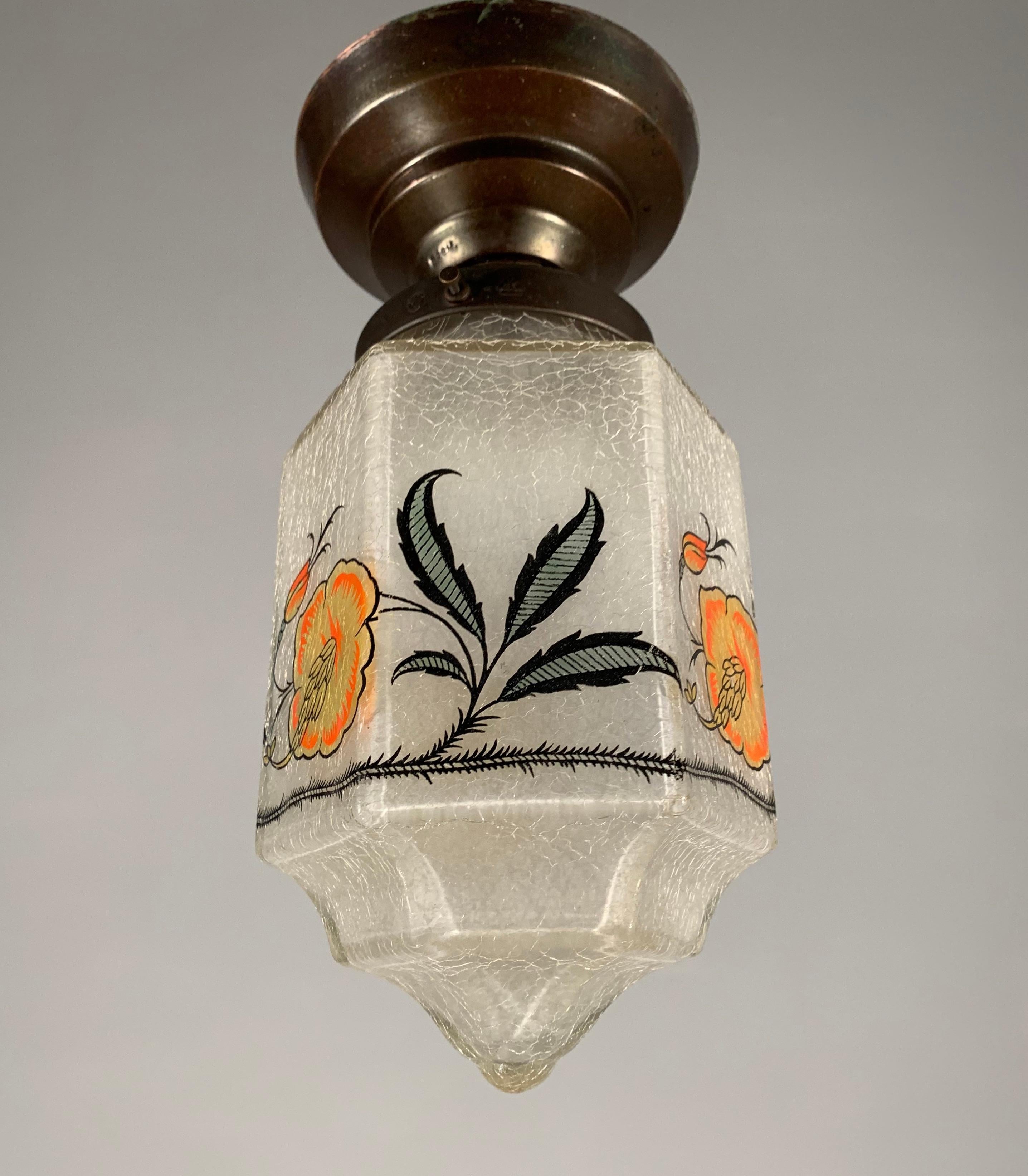 20th Century Rare Hexagonal Shape 1920s Crackled Glass w. Striking Flower Shade Pendant Light